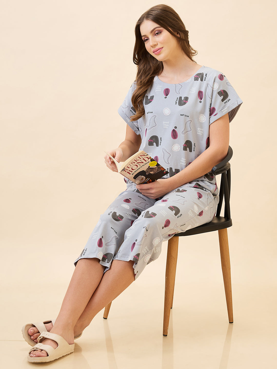 AV2 Women's Cotton Printed Round Neck Short Sleeve Night Suit Set | Capri Set | Casual Night Dress for Women - Grey 2895A