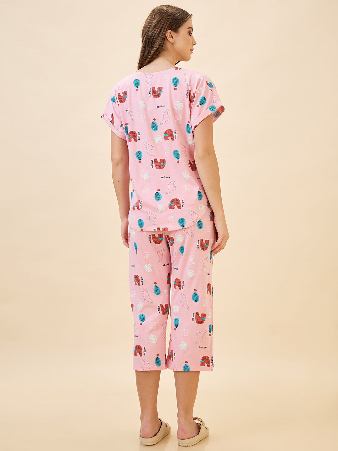 AV2 Women's Cotton Printed Round Neck Short Sleeve Night Suit Set | Capri Set | Casual Night Dress for Women - Pink 2895B