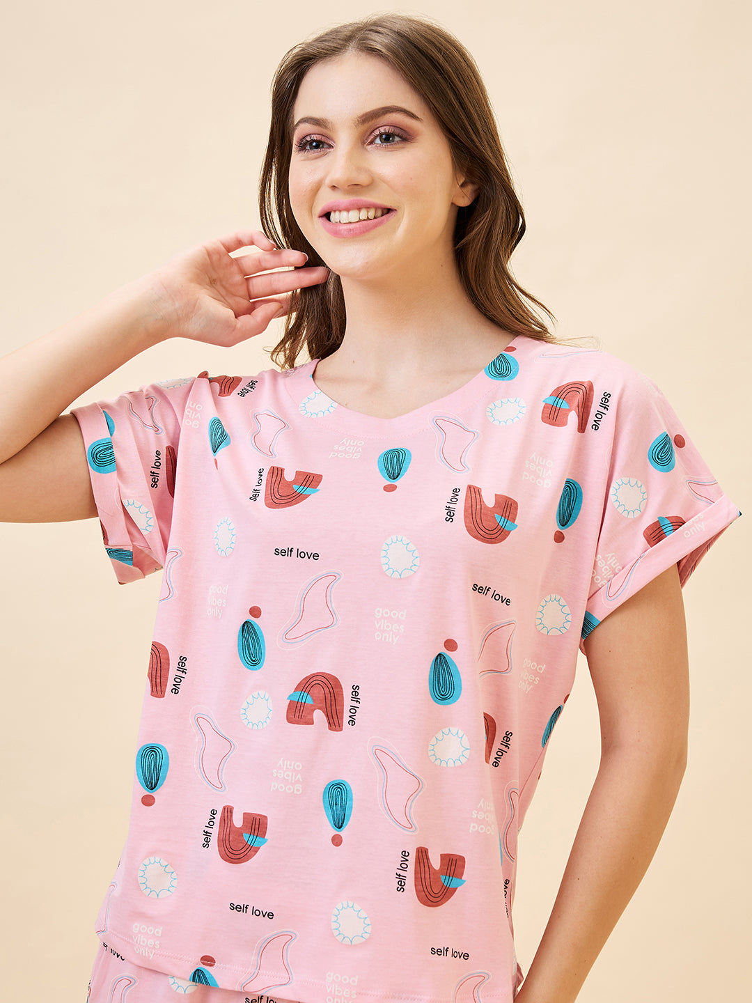 AV2 Women's Cotton Printed Round Neck Short Sleeve Night Suit Set | Capri Set | Casual Night Dress for Women - Pink 2895B