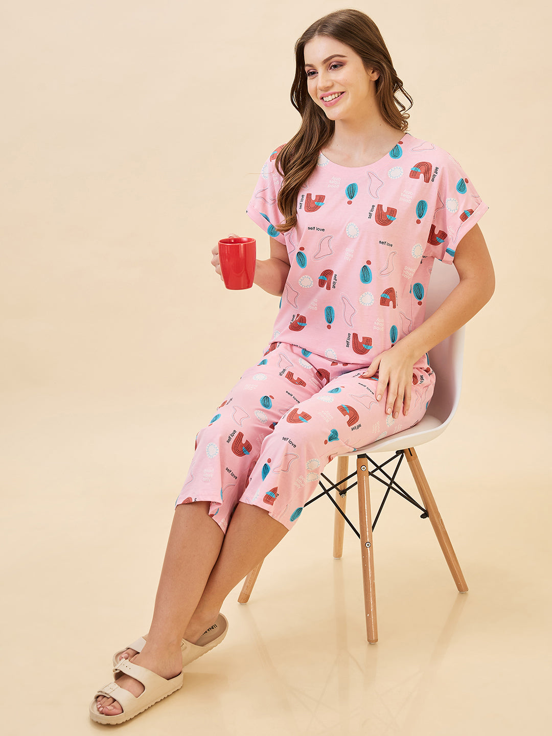 AV2 Women's Cotton Printed Round Neck Short Sleeve Night Suit Set | Capri Set | Casual Night Dress for Women - Pink 2895B