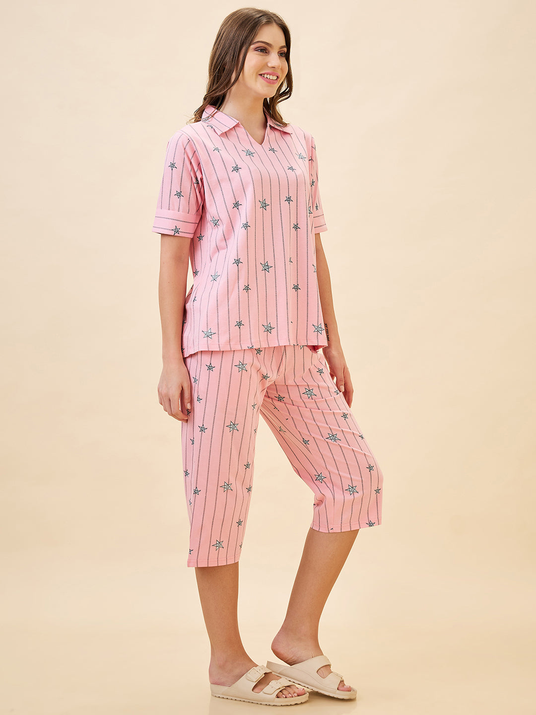 AV2 Women's Cotton Printed Short Sleeve Night Suit Set | Capri Set | Casual Night Dress for Women - Pink 2910A