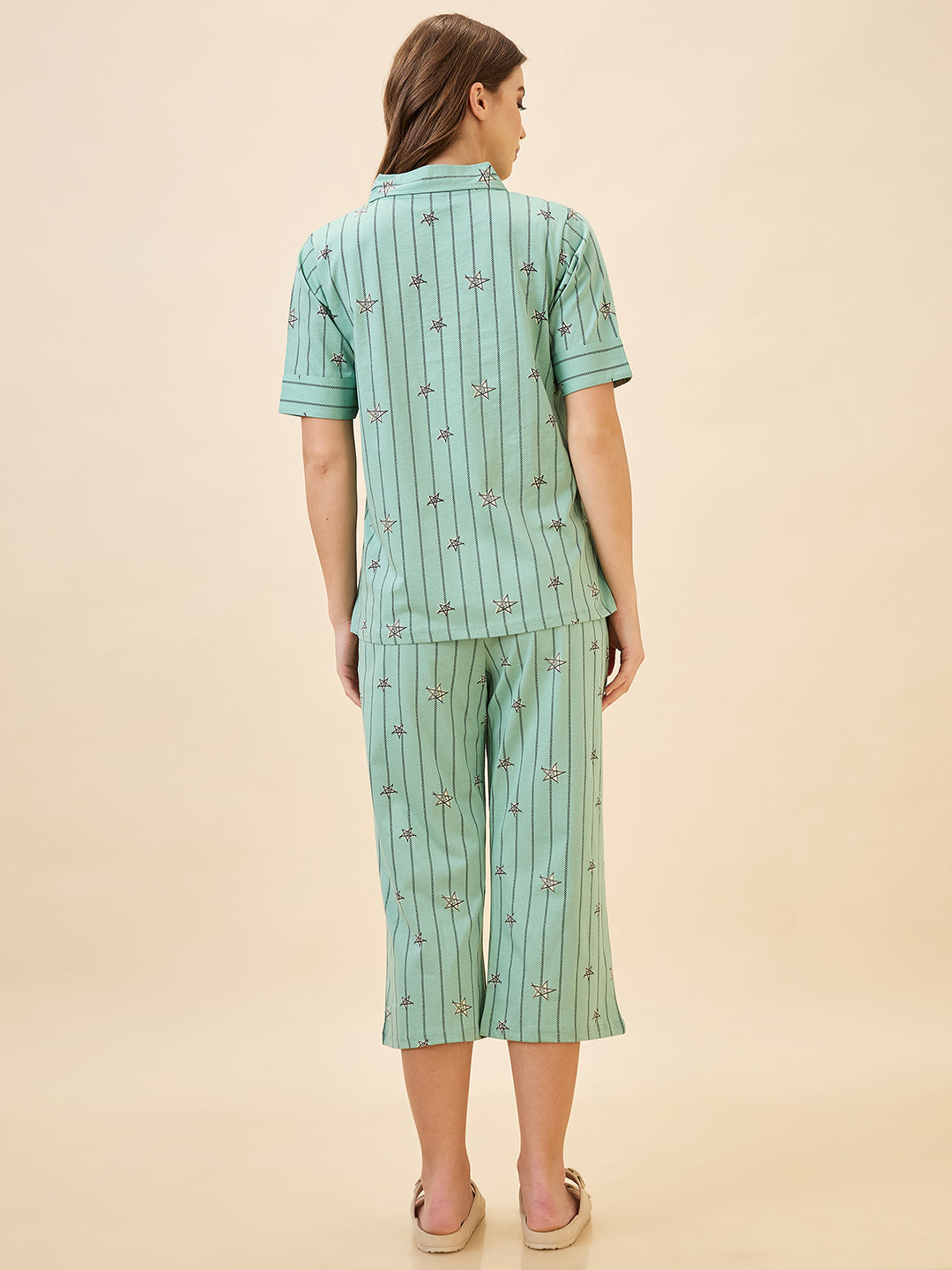 AV2 Women's Cotton Printed Short Sleeve Night Suit Set | Capri Set | Casual Night Dress for Women - Green 2910B