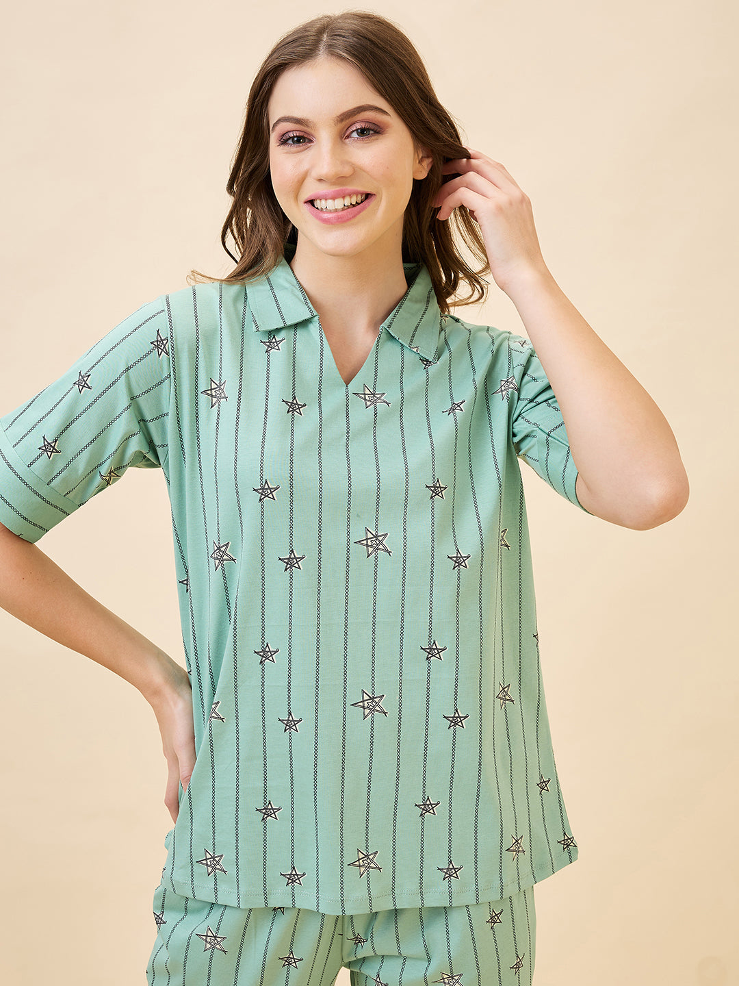 AV2 Women's Cotton Printed Short Sleeve Night Suit Set | Capri Set | Casual Night Dress for Women - Green 2910B