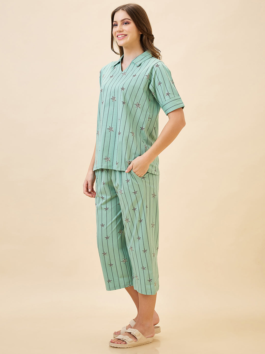 AV2 Women's Cotton Printed Short Sleeve Night Suit Set | Capri Set | Casual Night Dress for Women - Green 2910B