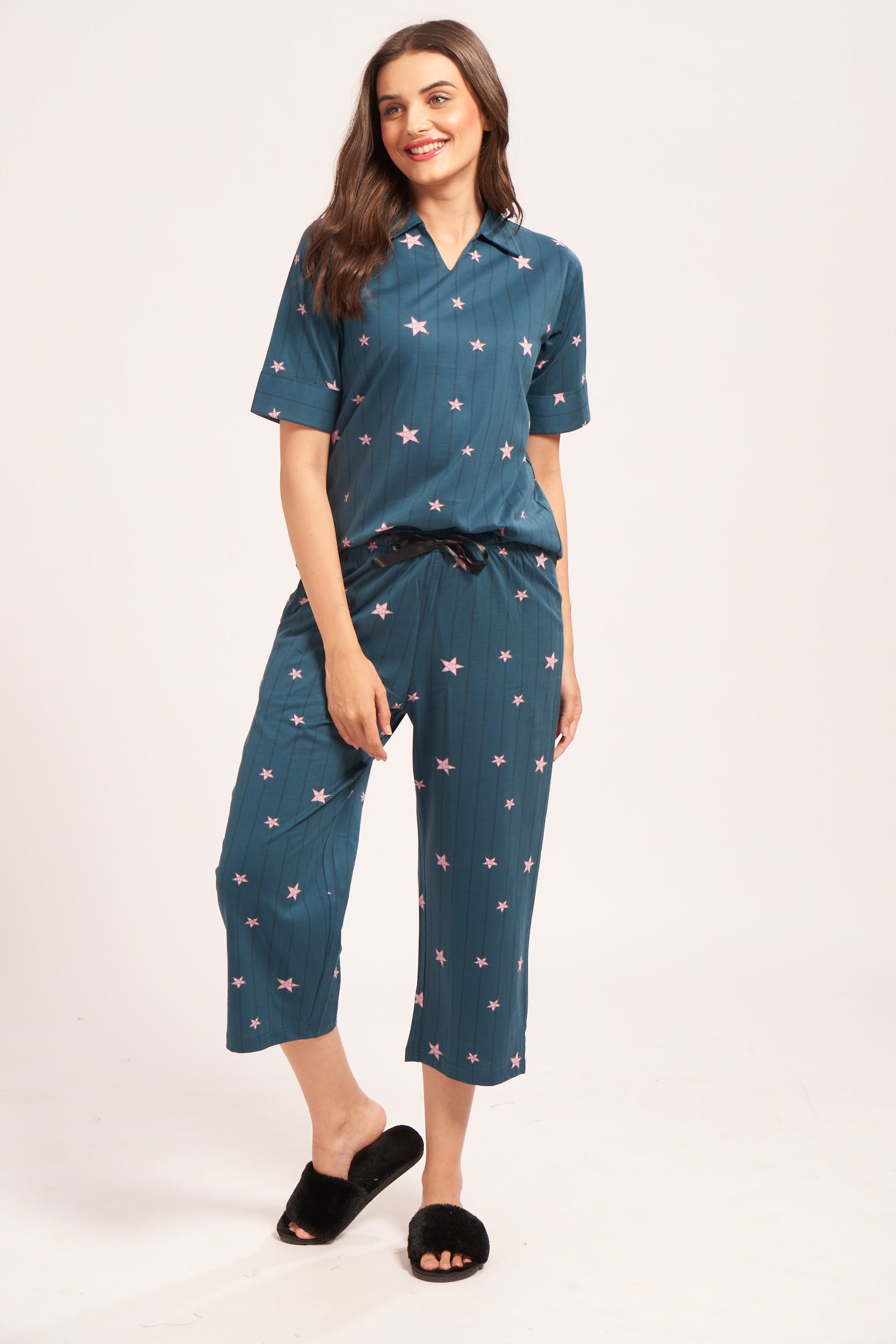 AV2 Women's Cotton Printed Short Sleeve Night Suit Set | Capri Set | Casual Night Dress for Women - Teal 2910C
