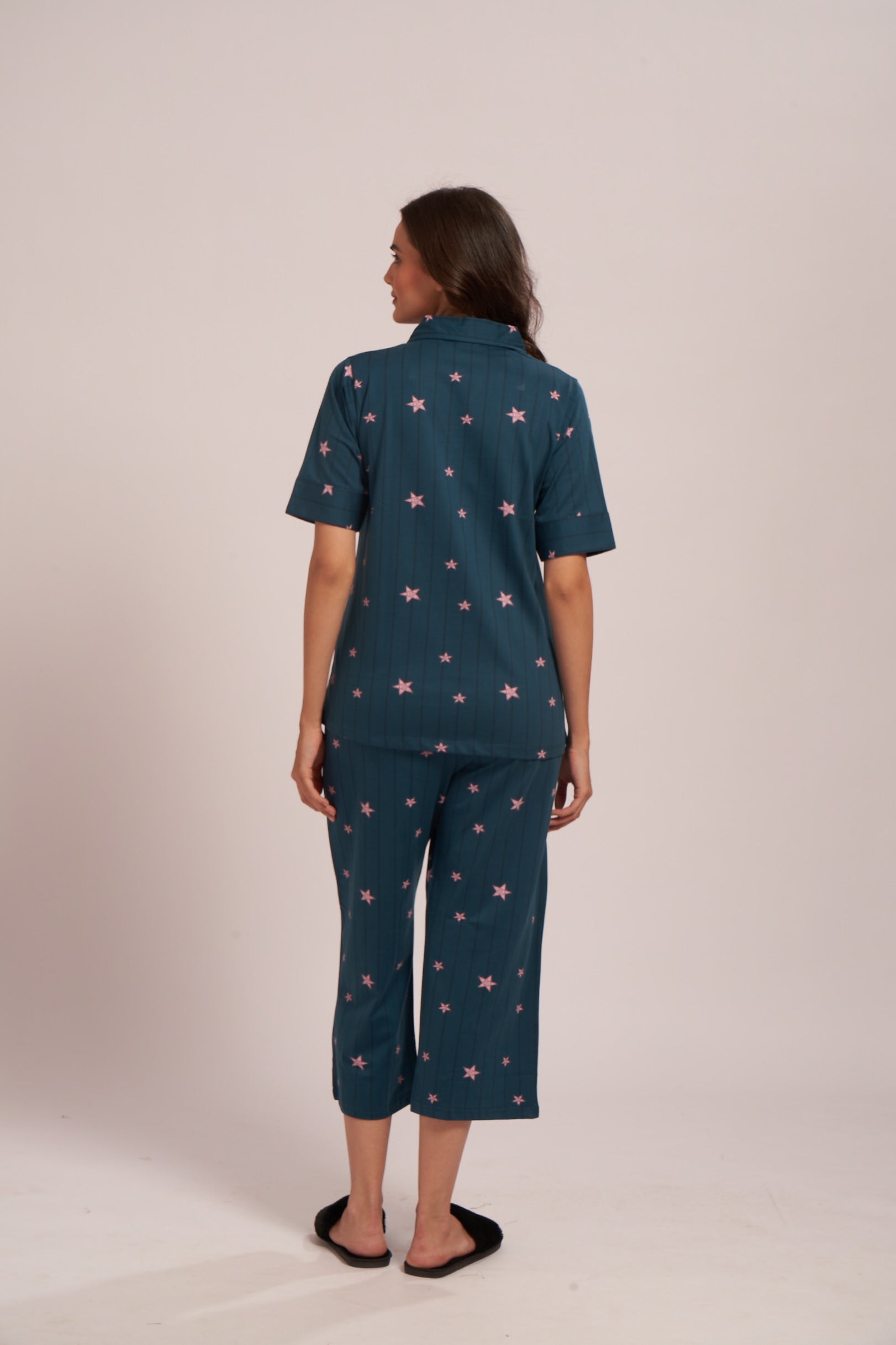 AV2 Women's Cotton Printed Short Sleeve Night Suit Set | Capri Set | Casual Night Dress for Women - Teal 2910C