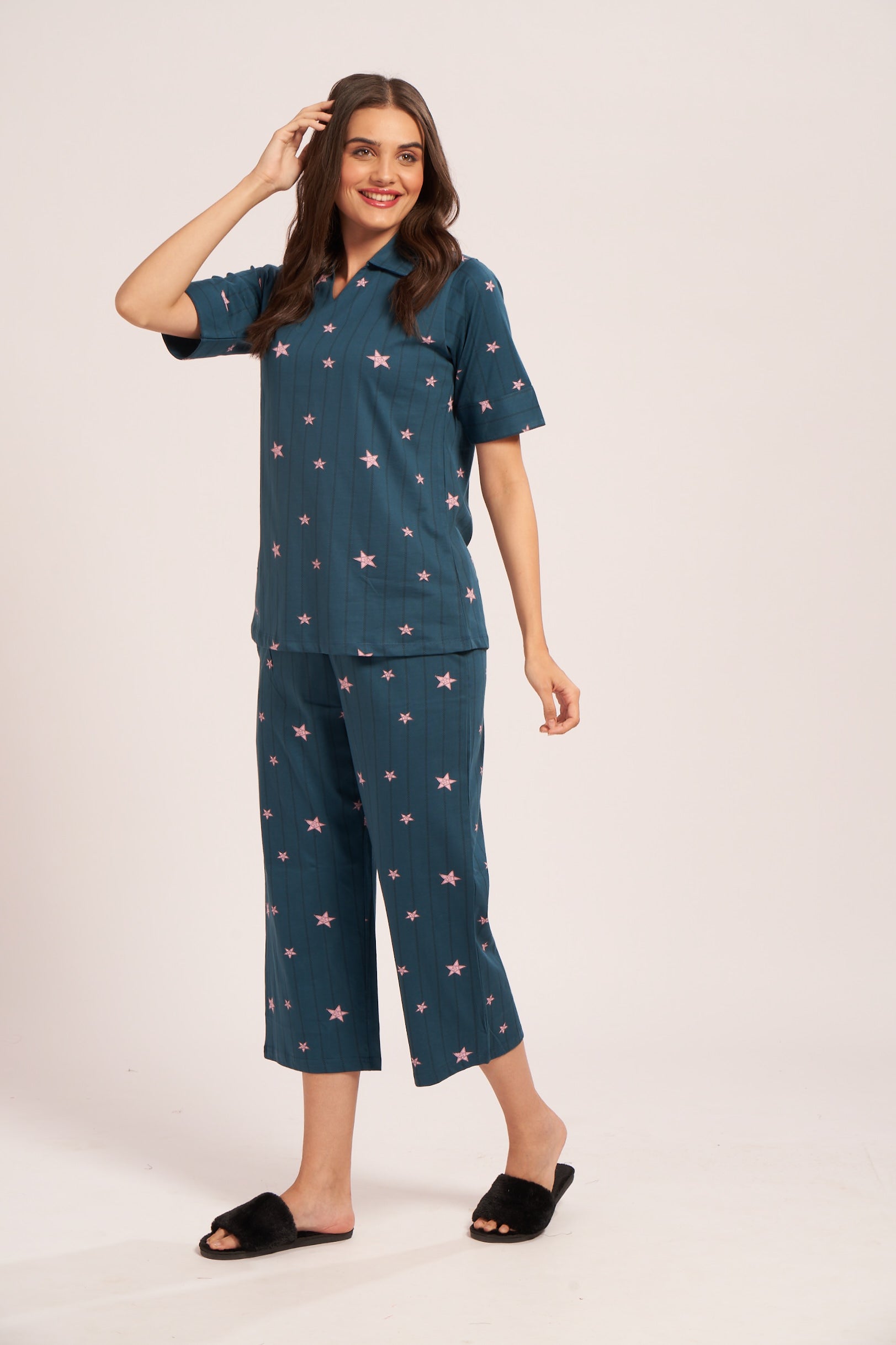 AV2 Women's Cotton Printed Short Sleeve Night Suit Set | Capri Set | Casual Night Dress for Women - Teal 2910C