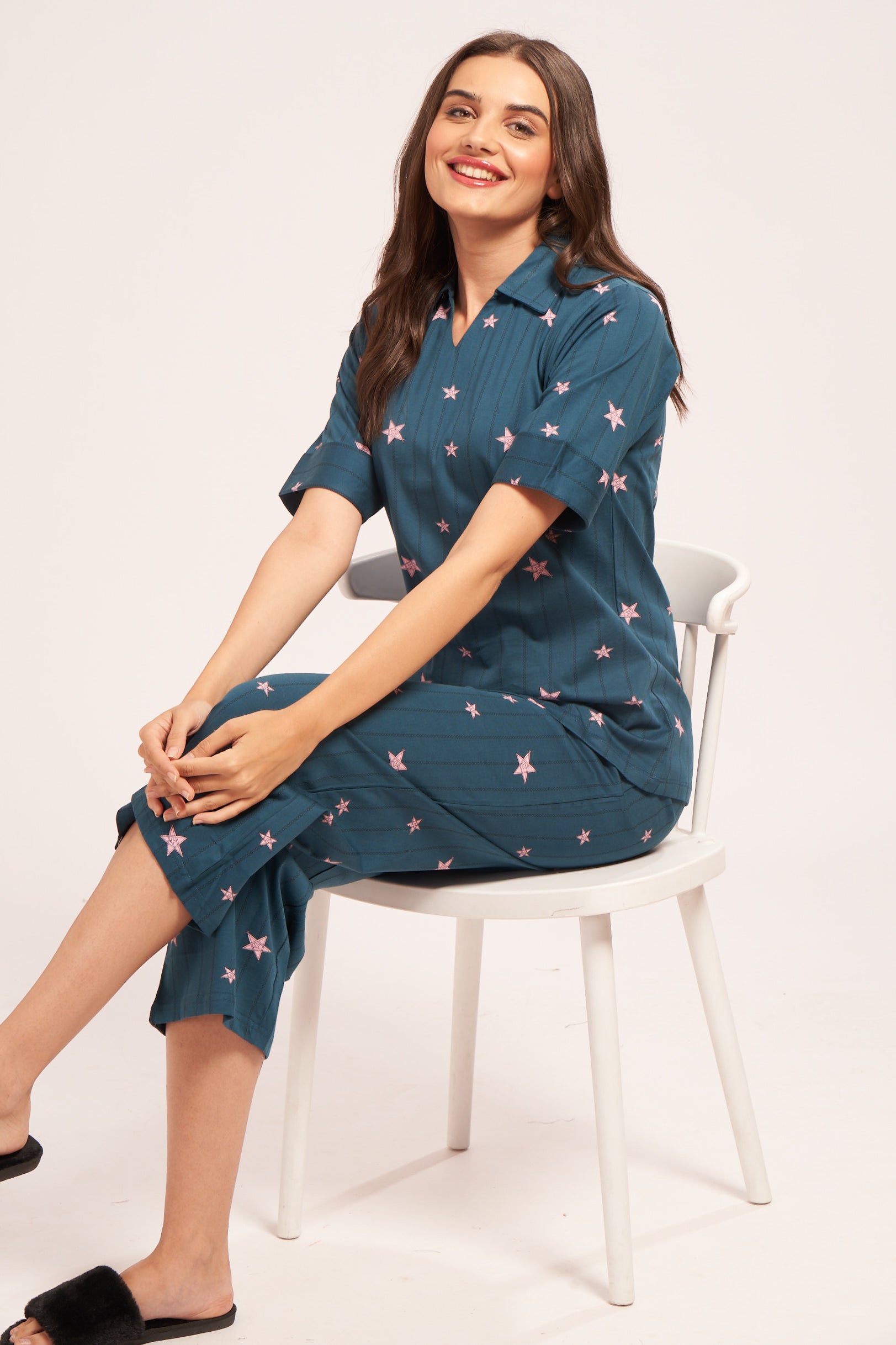 AV2 Women's Cotton Printed Short Sleeve Night Suit Set | Capri Set | Casual Night Dress for Women - Teal 2910C