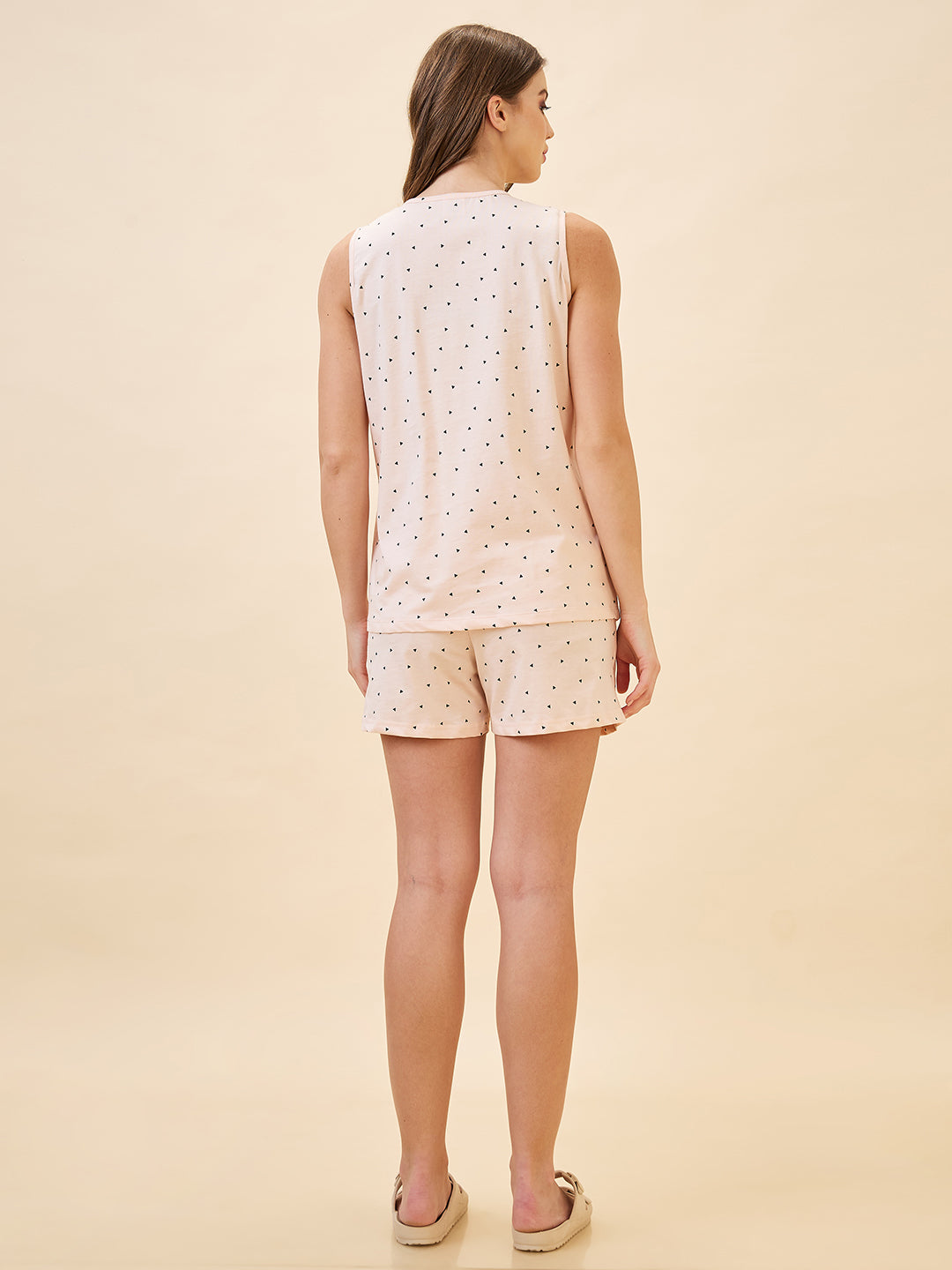 AV2 Women's Cotton Printed Round Neck Sleeveless Nightsuit Set | Bermuda Shorts Set | Casual Night Dress for Women | Beige | 2912A