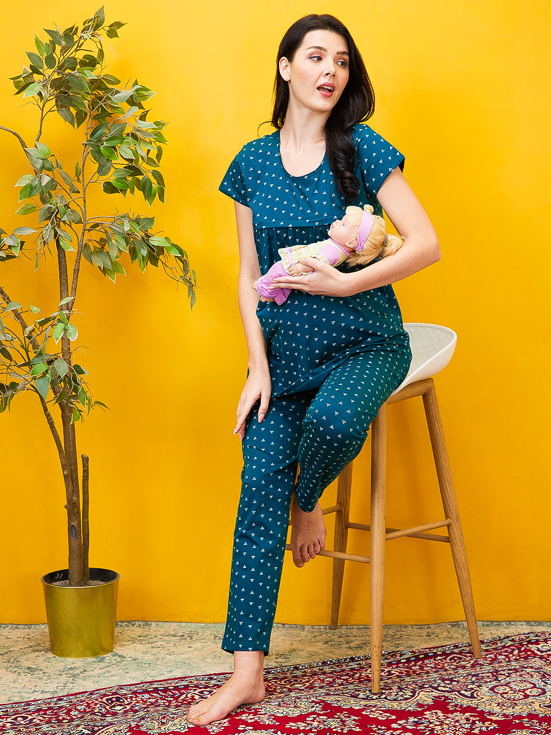 AV2 Women Cotton Printed Maternity & Feeding Top & Pyjama Set - Turq 2993A