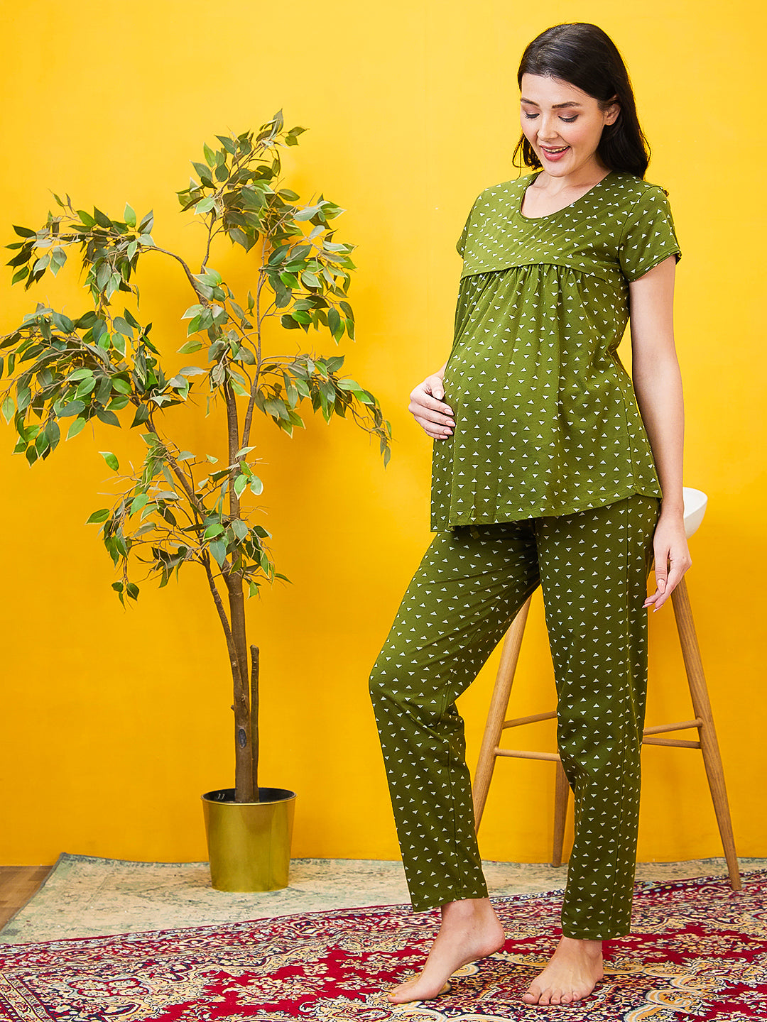 AV2 Women Cotton Printed Maternity & Feeding Top & Pyjama Set - Olive 2993B