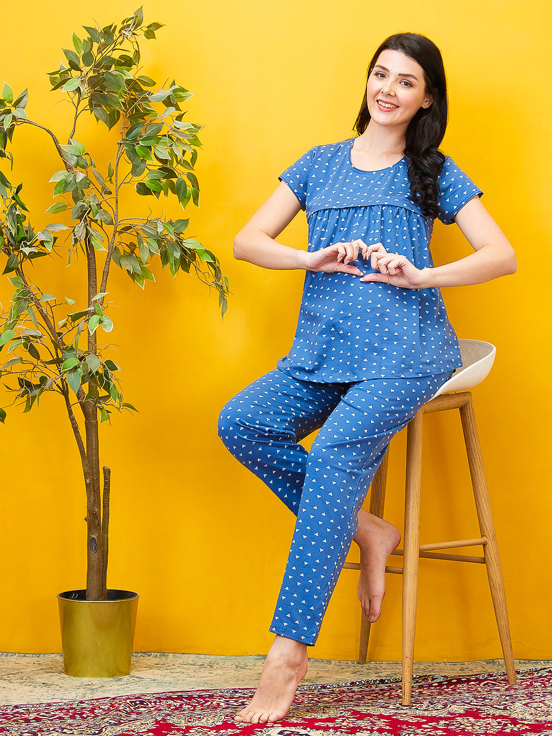 AV2 Women Cotton Printed Maternity & Feeding Top & Pyjama Set - Blue 2993C