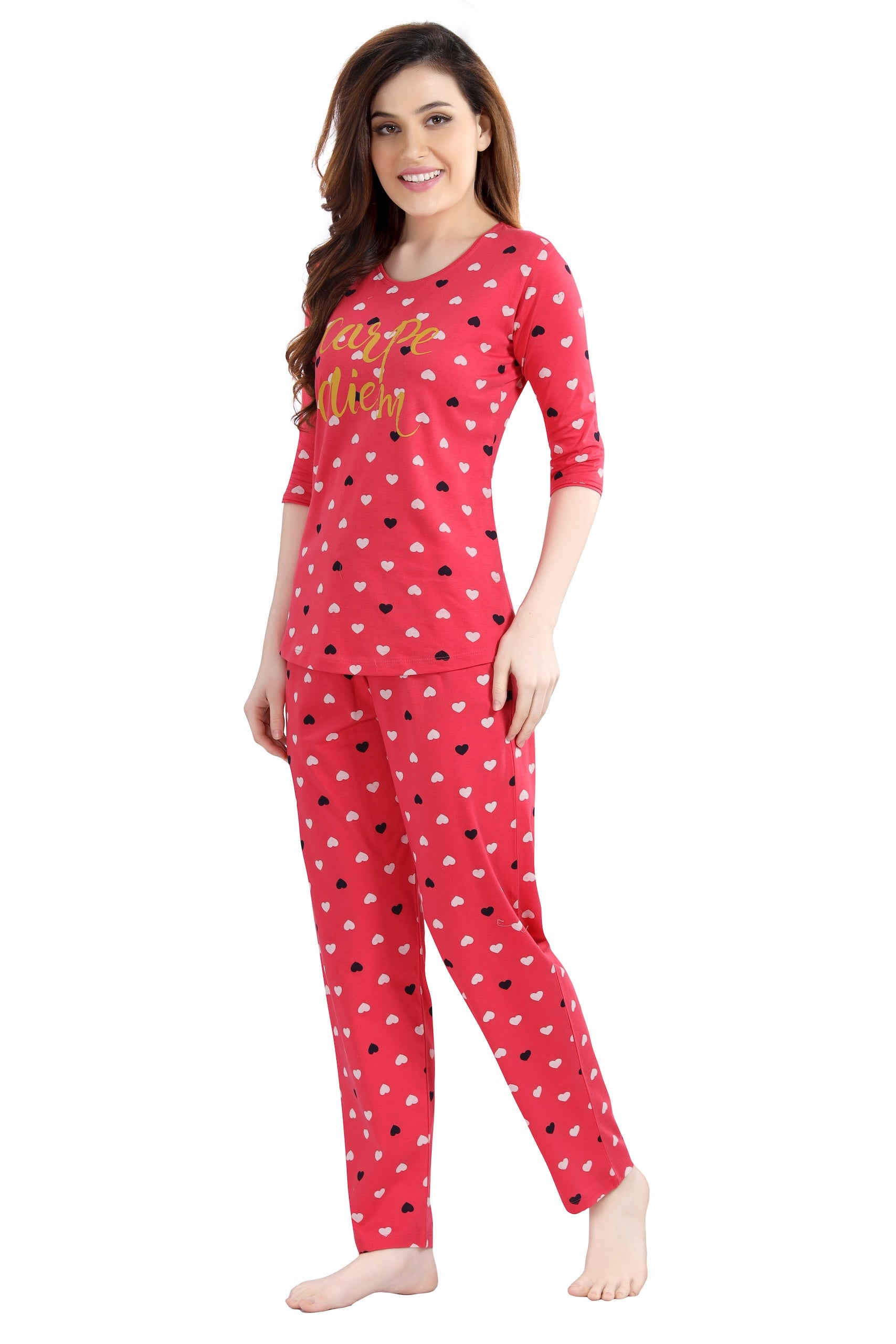 AV2 Women Cotton Heart Allover Printed Nightsuit set Red - 2995B