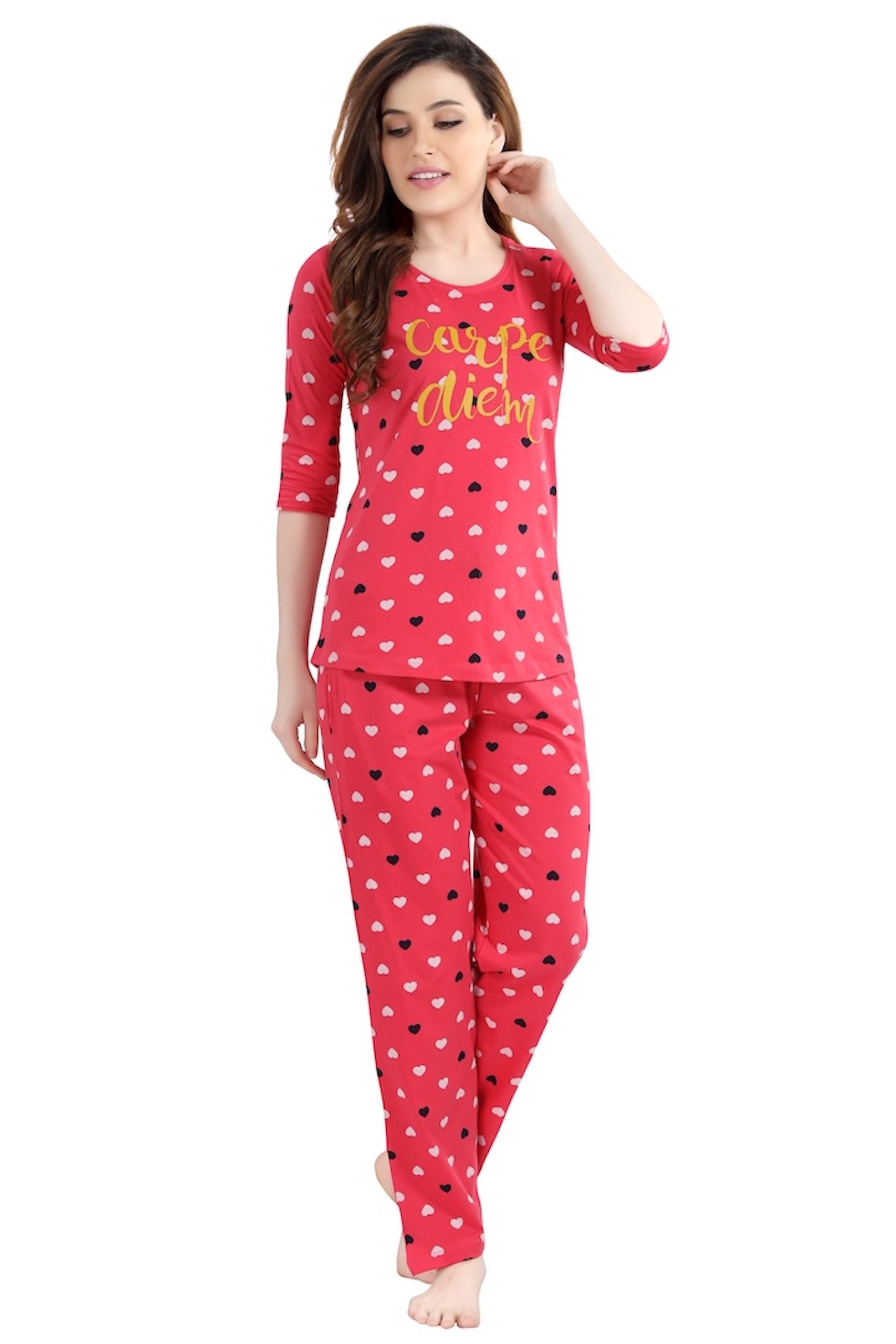 AV2 Women Cotton Heart Allover Printed Nightsuit set Red - 2995B