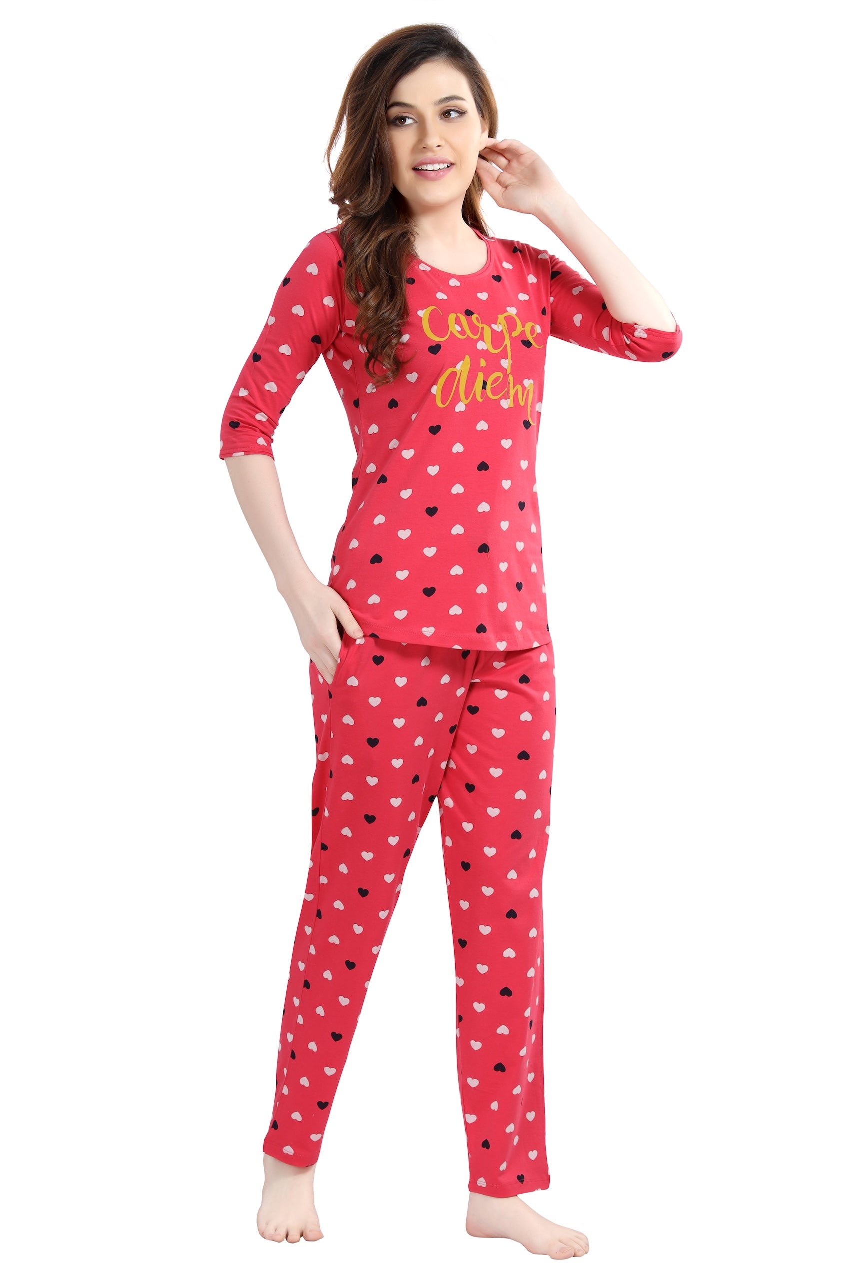 AV2 Women Cotton Heart Allover Printed Nightsuit set Red - 2995B