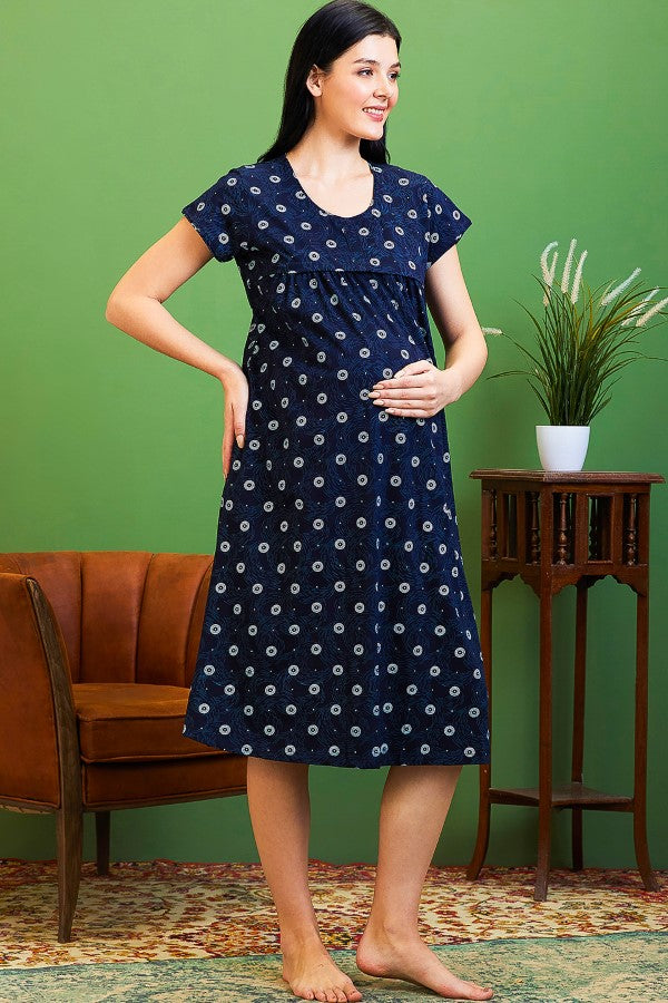AV2 Women Cotton Printed Maternity Feeding Nighty Navy 3125A