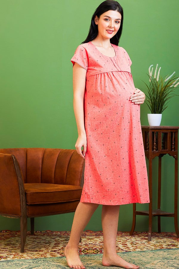 AV2 Women Cotton Printed Maternity Feeding Nighty Peach 3126A