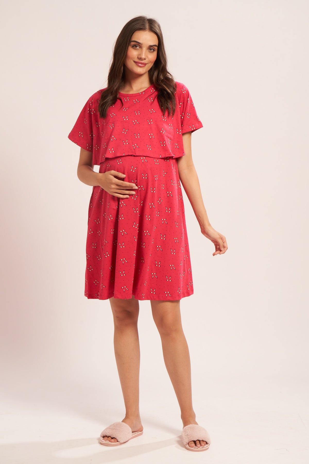AV2 Women Cotton Printed Maternity Nursing & Feeding Relaxed Fit Nighty Red Small 3141B