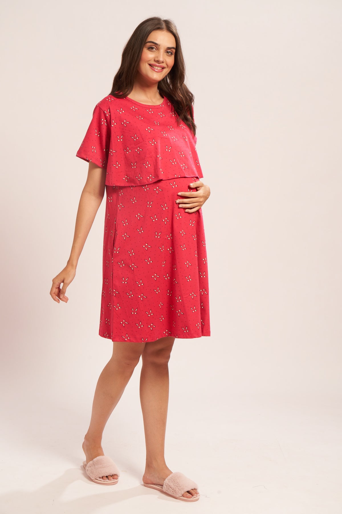 AV2 Women Cotton Printed Maternity Nursing & Feeding Relaxed Fit Nighty Red Small 3141B