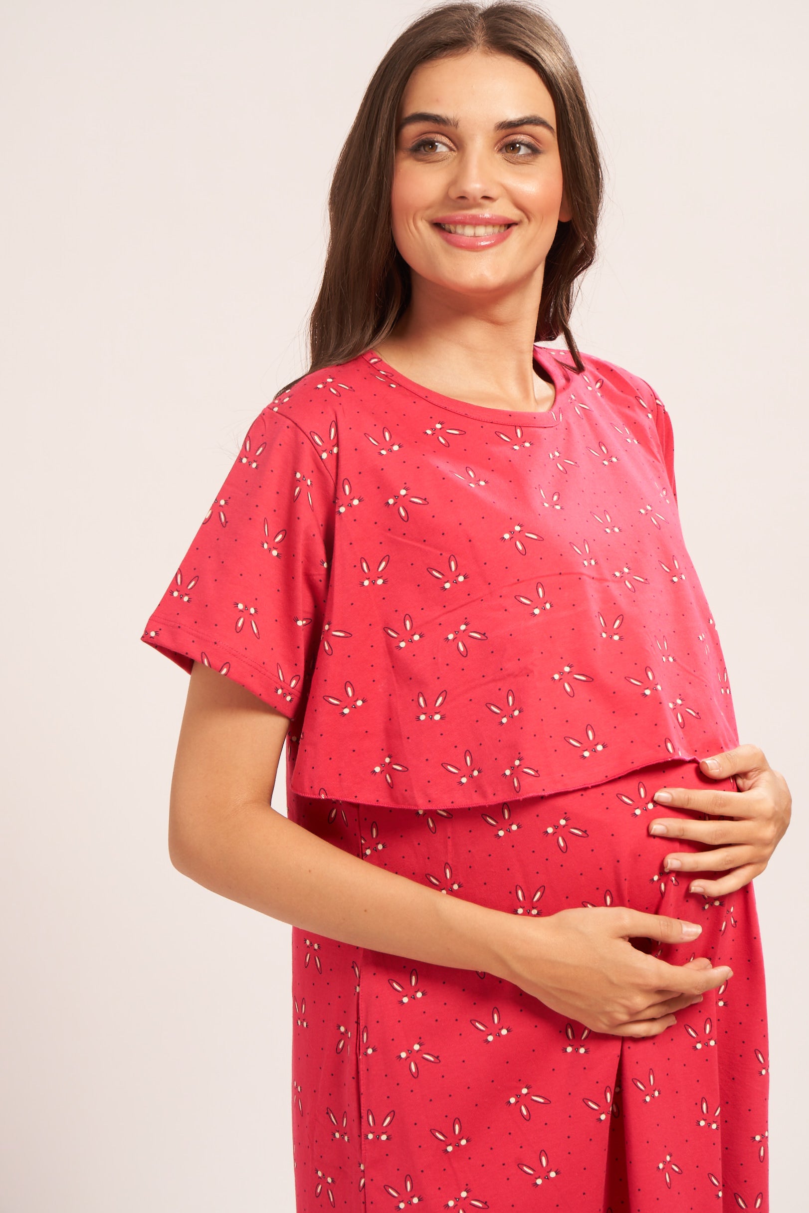 AV2 Women Cotton Printed Maternity Nursing & Feeding Relaxed Fit Nighty Red Small 3141B