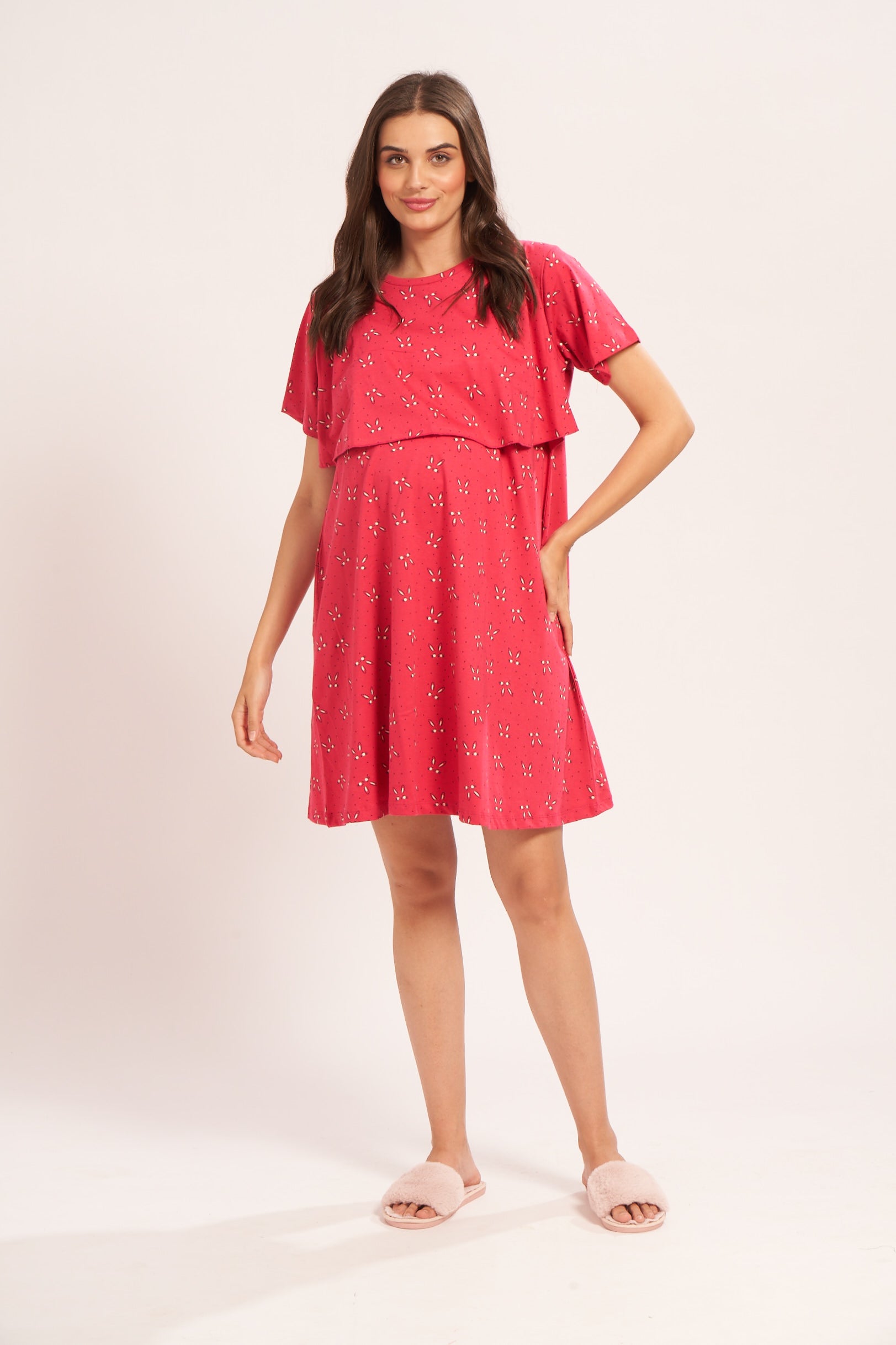 AV2 Women Cotton Printed Maternity Nursing & Feeding Relaxed Fit Nighty Red Small 3141B