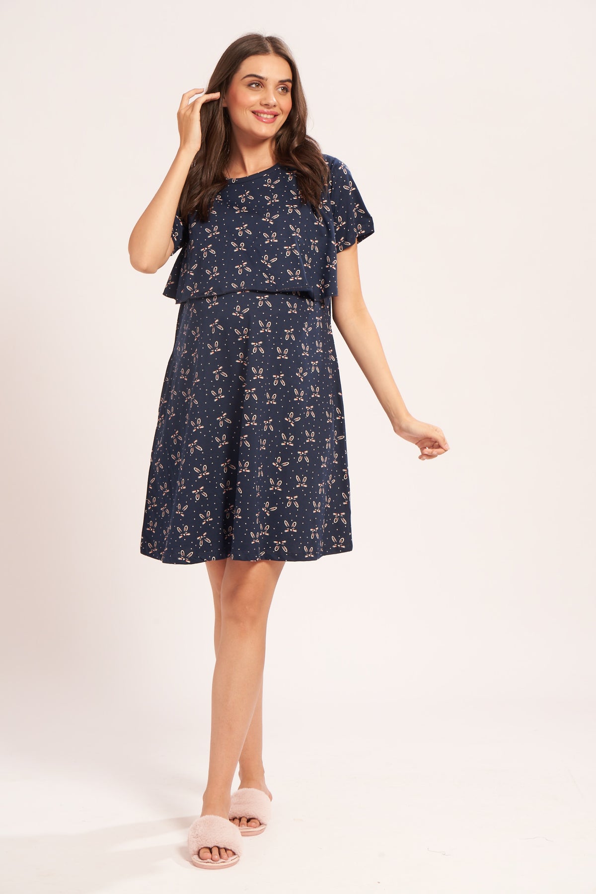 AV2 Women Cotton Printed Maternity Nursing & Feeding Relaxed Fit Nighty Navy Small 3141C