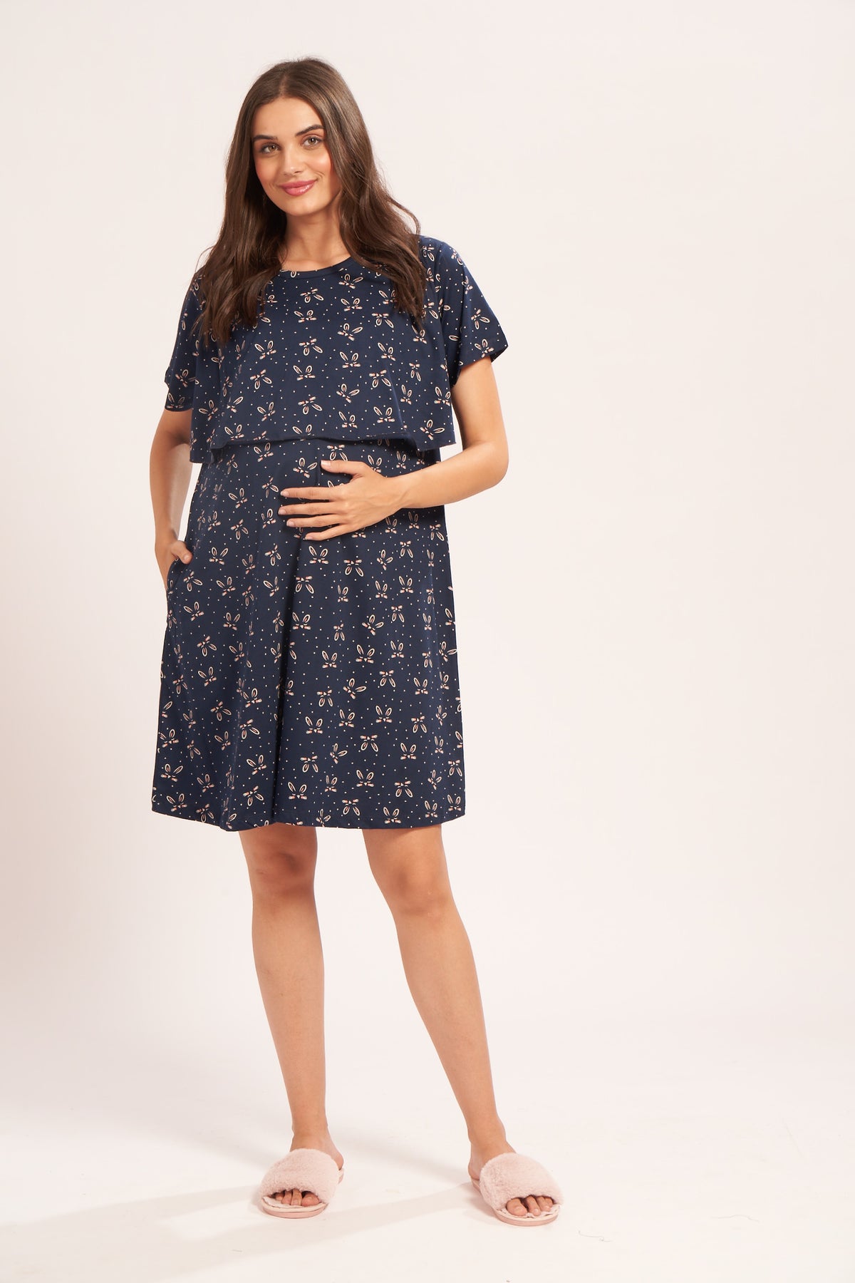 AV2 Women Cotton Printed Maternity Nursing & Feeding Relaxed Fit Nighty Navy Small 3141C