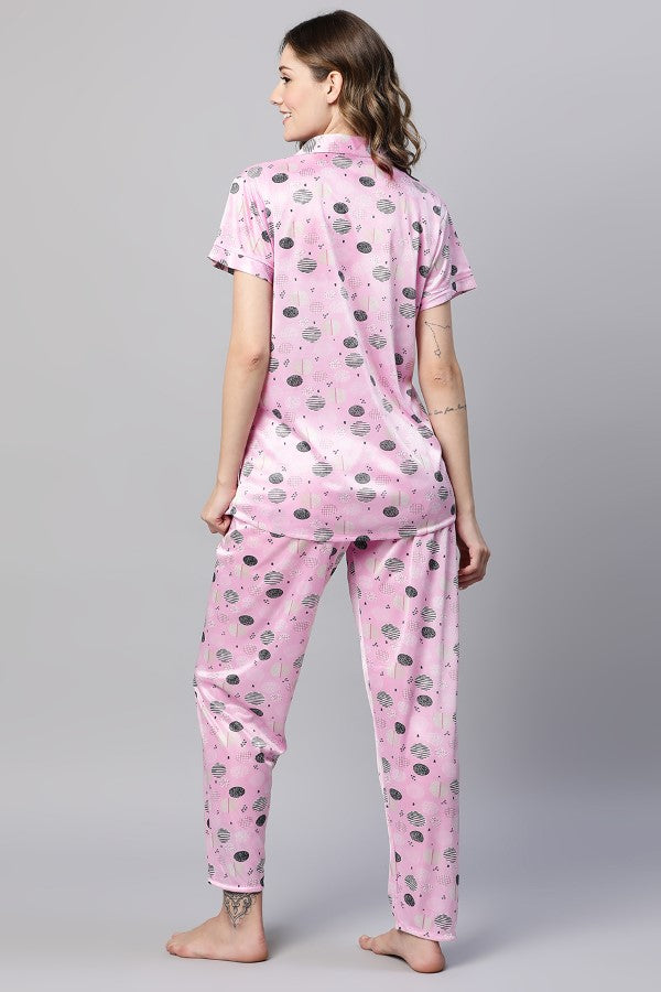 AV2 Women Satin Short Sleeve Top And Pyjama Nightsuit Set Pink - 2298A