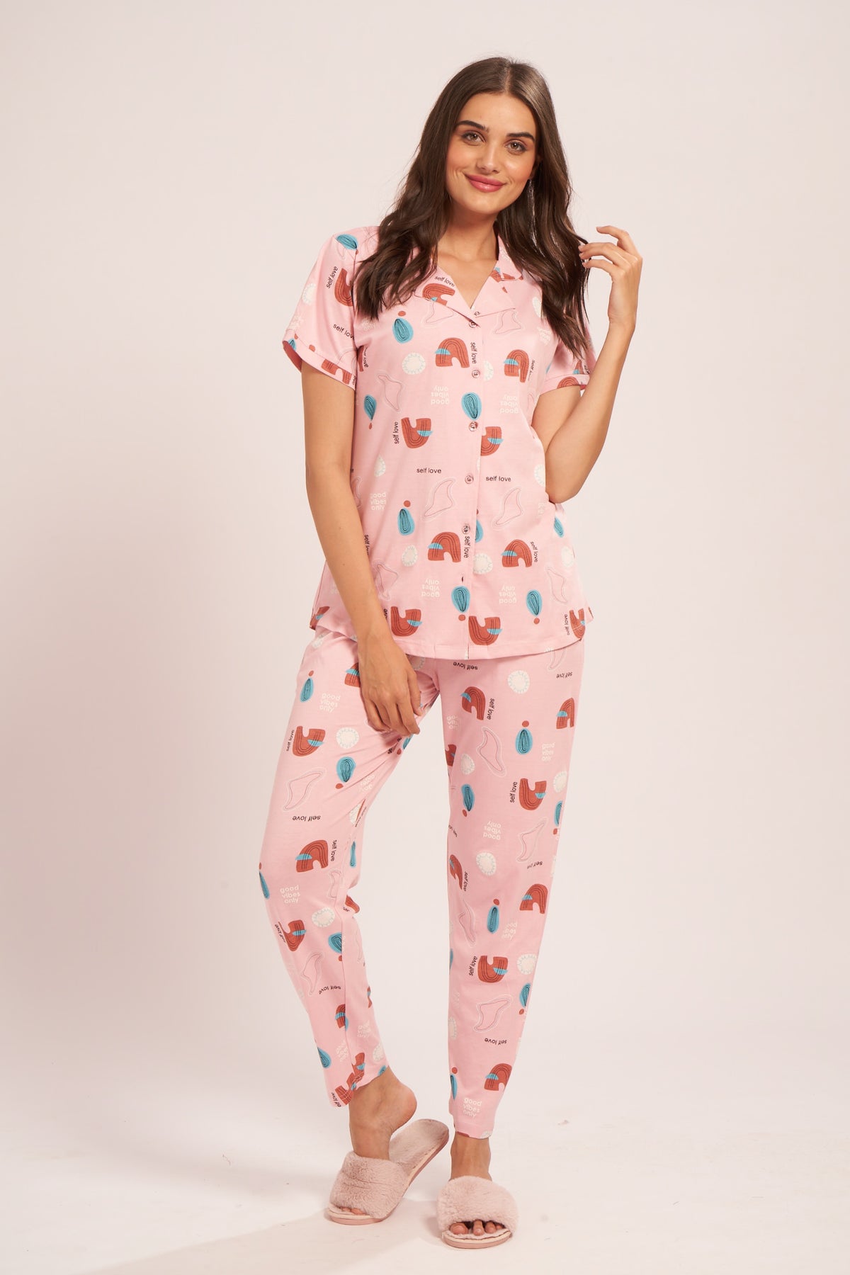 AV2 Women's Cotton Abstract Printed Night Suit set of Shirt & Pajama Set | Casual Night Dress for Women Pink Small 4001A