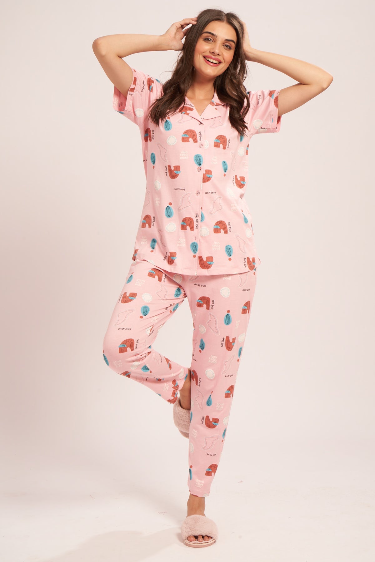 AV2 Women's Cotton Abstract Printed Night Suit set of Shirt & Pajama Set | Casual Night Dress for Women Pink Small 4001A
