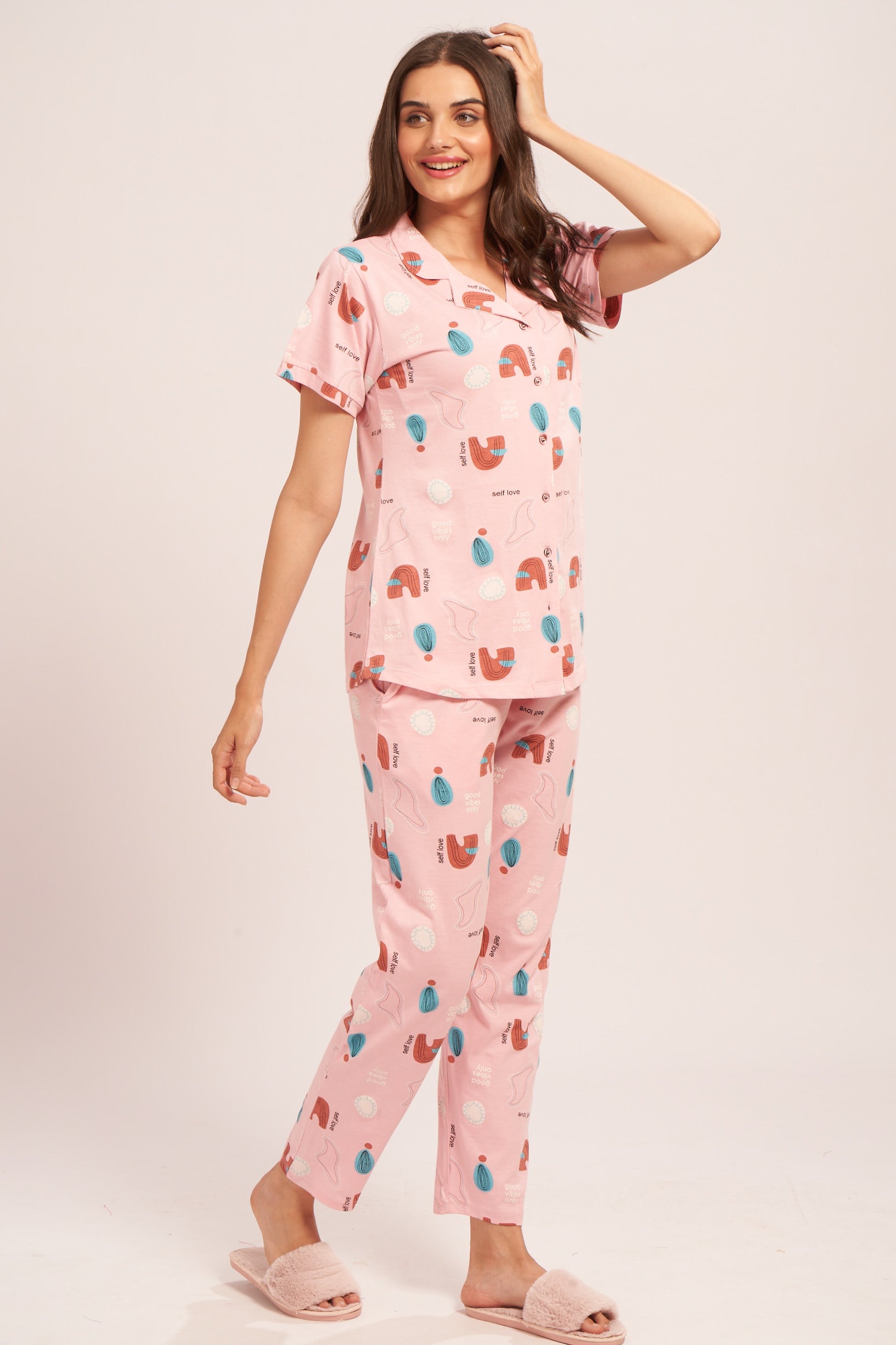 AV2 Women's Cotton Abstract Printed Night Suit set of Shirt & Pajama Set | Casual Night Dress for Women Pink Small 4001A