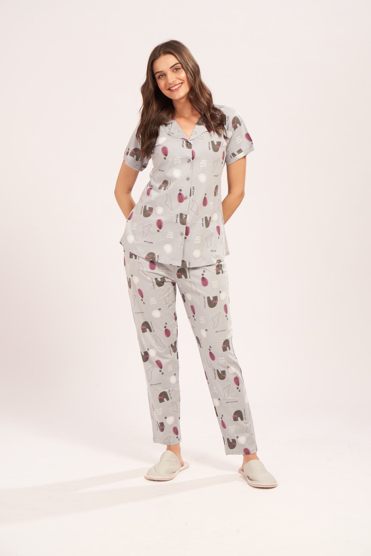 AV2 Women's Cotton Abstract Printed Night Suit set of Shirt & Pajama Set | Casual Night Dress for Women Grey Small 4001B