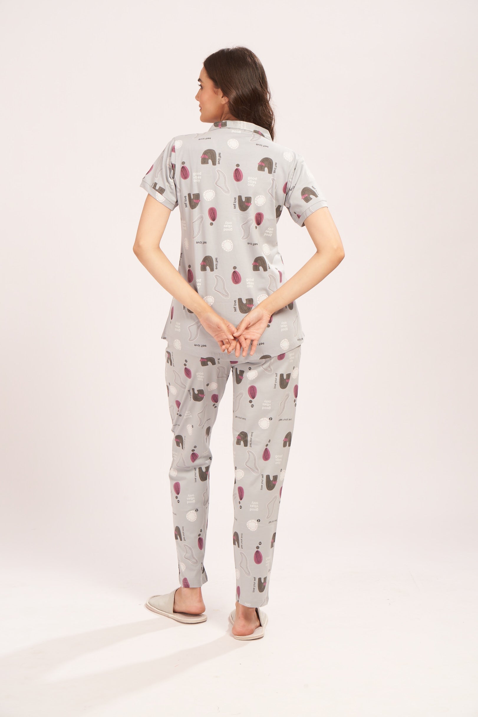 AV2 Women's Cotton Abstract Printed Night Suit set of Shirt & Pajama Set | Casual Night Dress for Women Grey Small 4001B