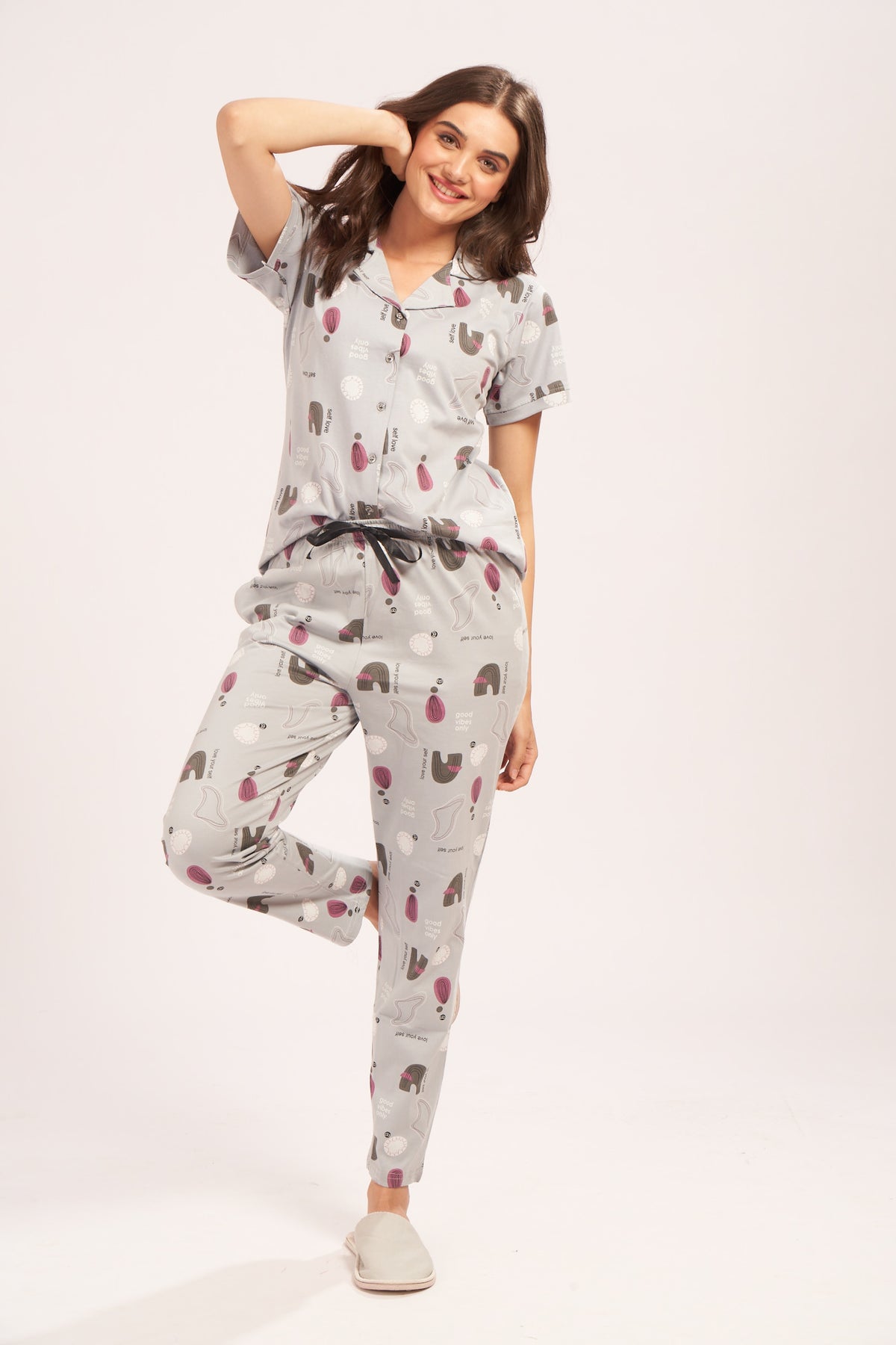 AV2 Women's Cotton Abstract Printed Night Suit set of Shirt & Pajama Set | Casual Night Dress for Women Grey Small 4001B
