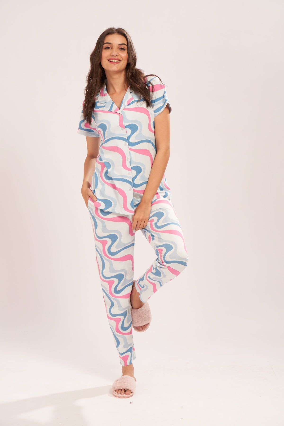 AV2 Women's Cotton Waves Printed Night Suit set of Shirt & Pajama Set | Casual Night Dress for Women Light Blue Small - 4002A