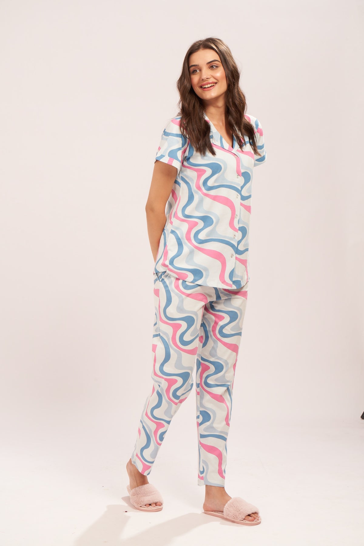 AV2 Women's Cotton Waves Printed Night Suit set of Shirt & Pajama Set | Casual Night Dress for Women Light Blue Small - 4002A