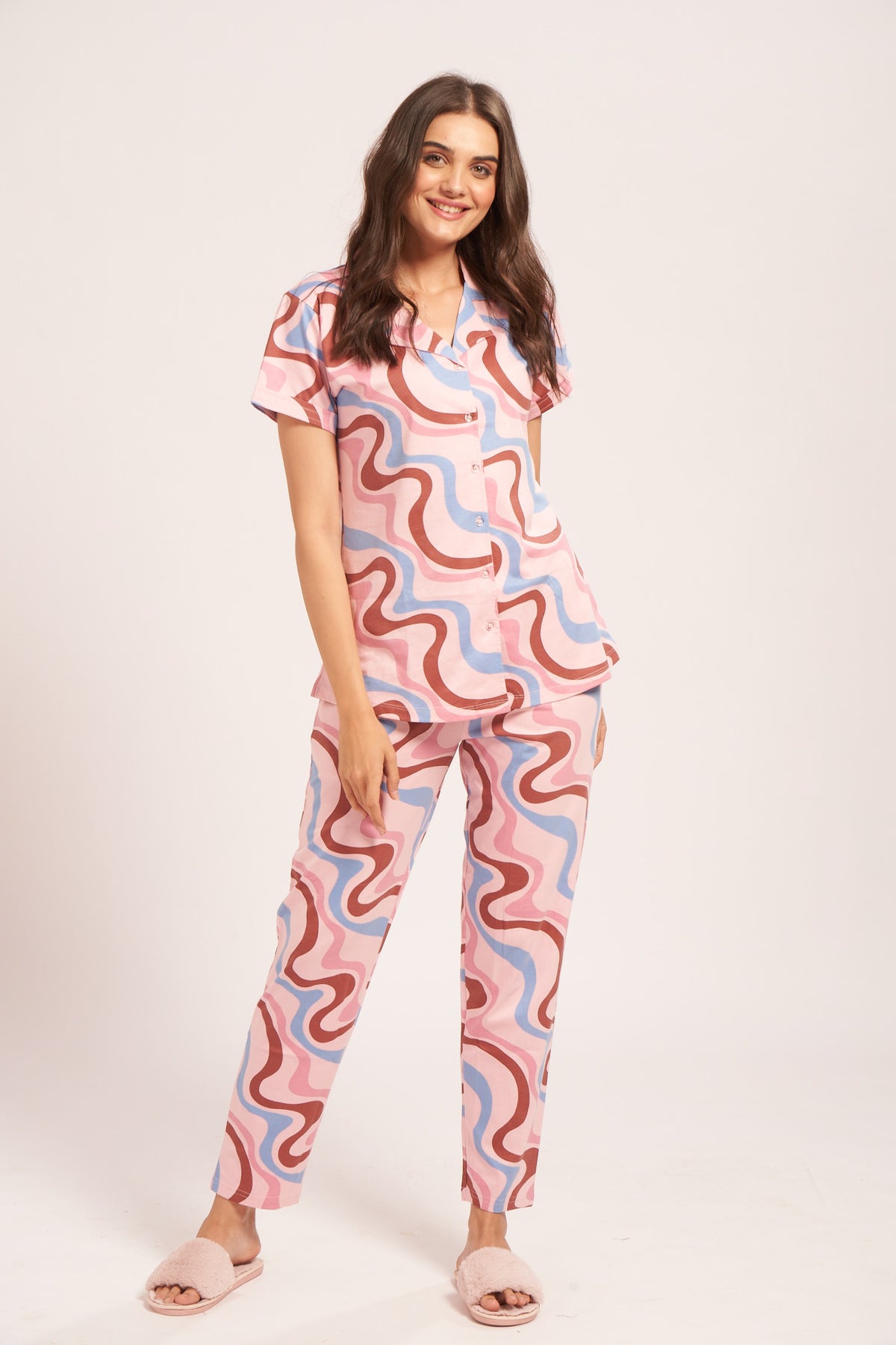 AV2 Women's Cotton Waves Printed Night Suit set of Shirt & Pajama Set | Casual Night Dress for Women Pink Small - 4002B