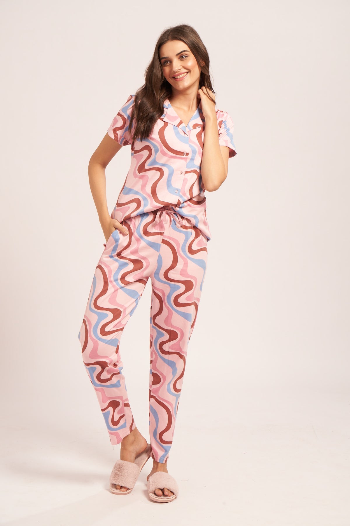 AV2 Women's Cotton Waves Printed Night Suit set of Shirt & Pajama Set | Casual Night Dress for Women Pink Small - 4002B