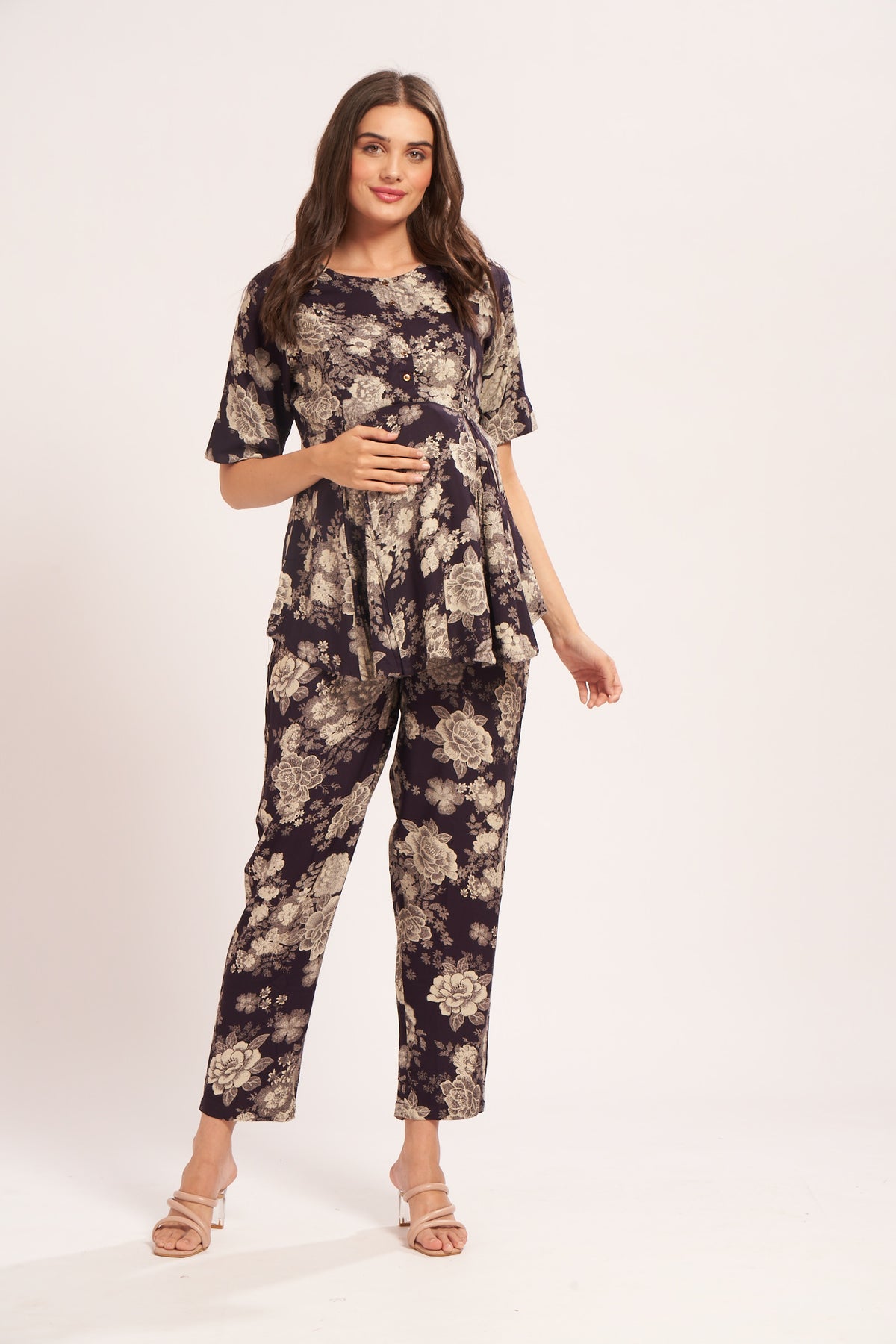 AV2 Women Rayon Printed Maternity Top & Pyjama Set Navy Small - 4050A