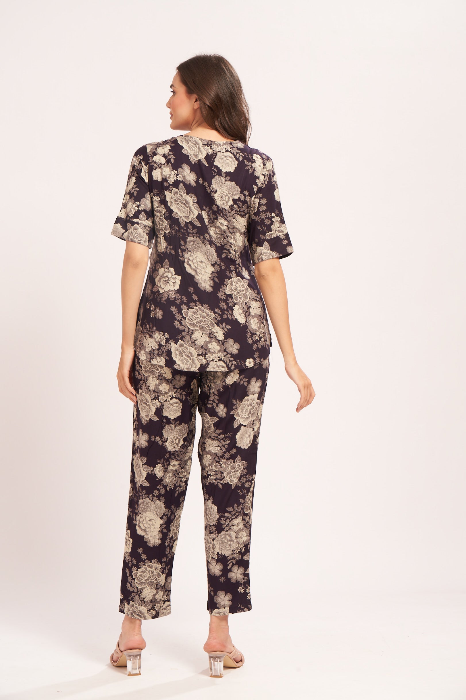 AV2 Women Rayon Printed Maternity Top & Pyjama Set Navy Small - 4050A