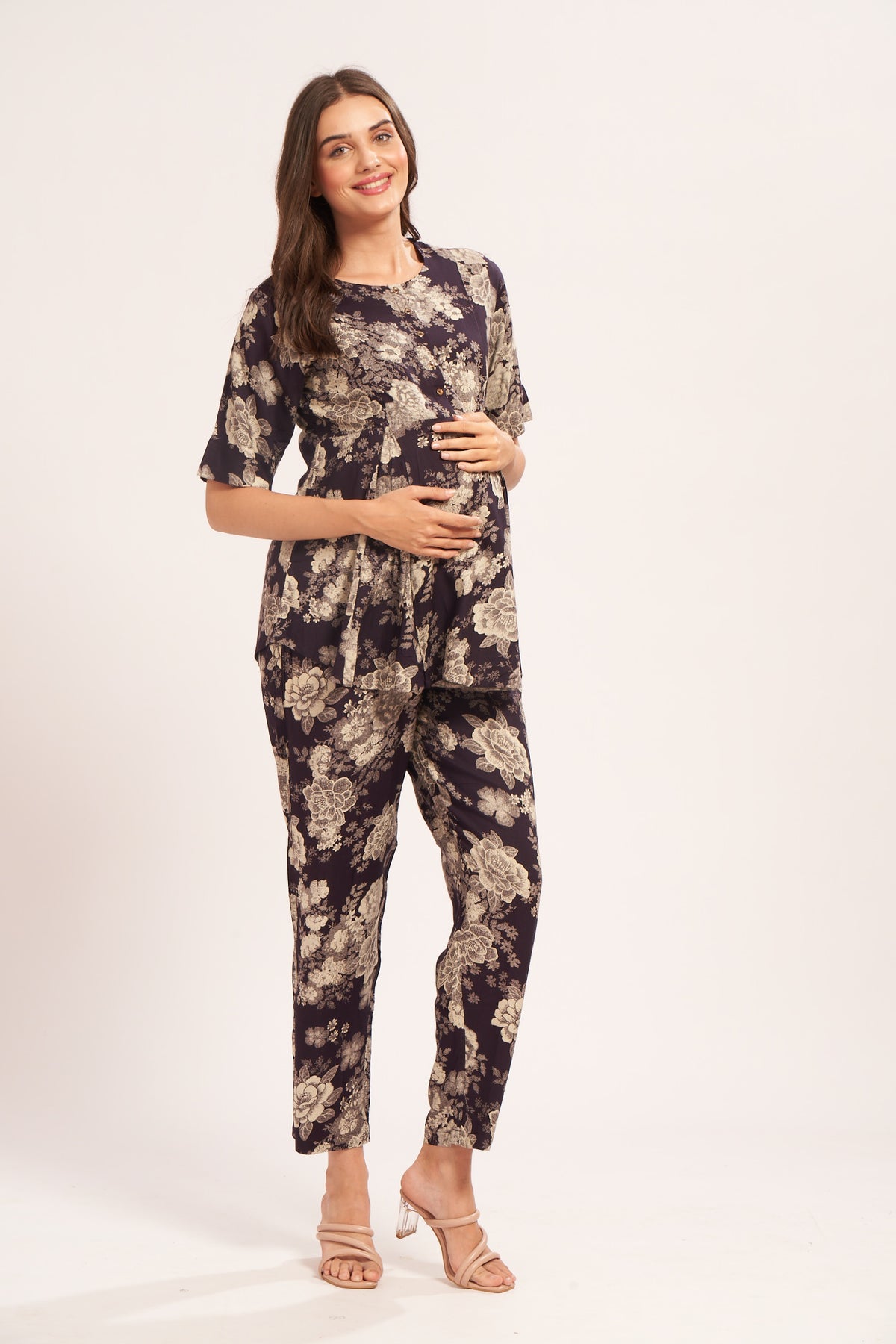 AV2 Women Rayon Printed Maternity Top & Pyjama Set Navy Small - 4050A