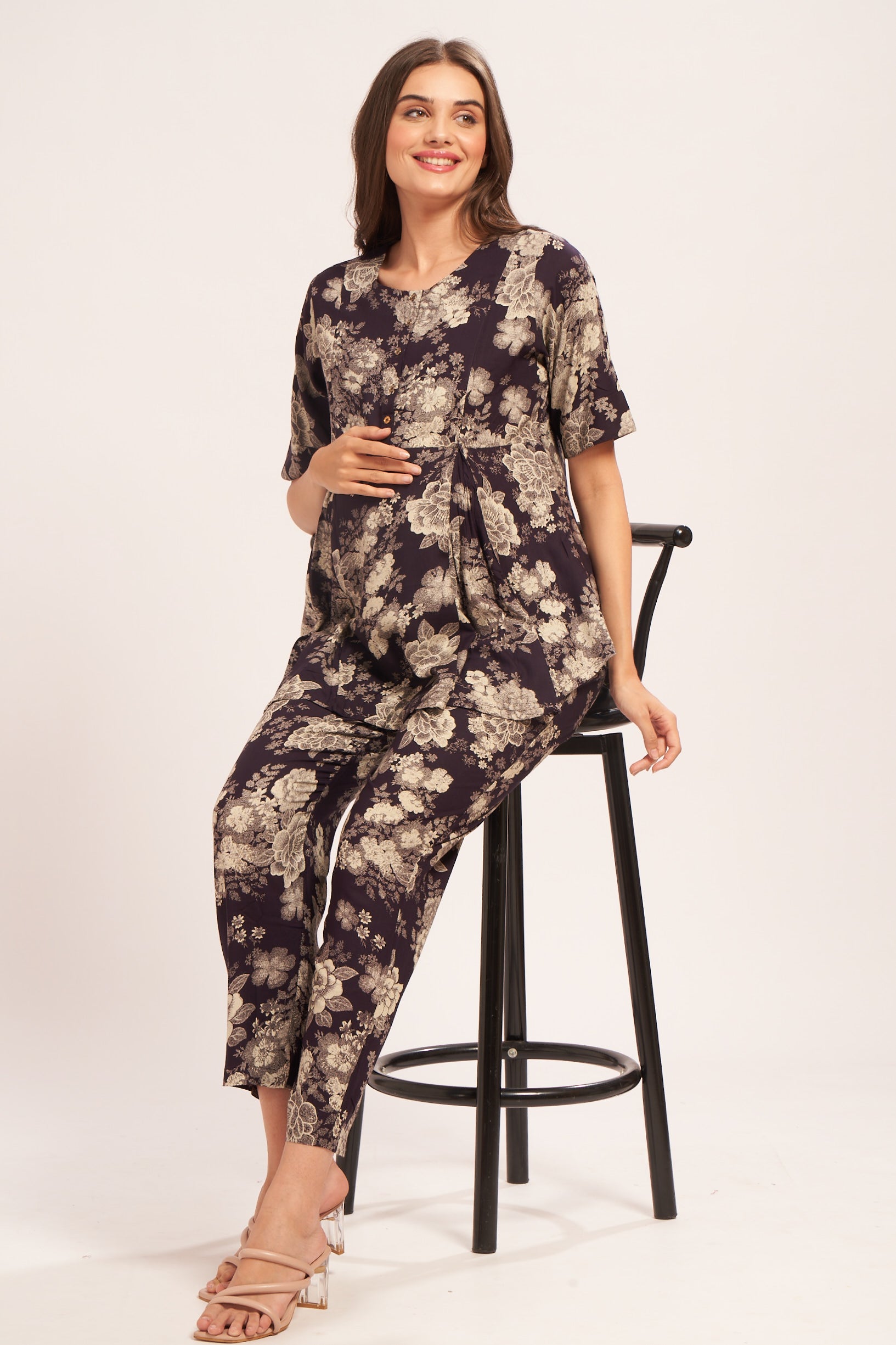 AV2 Women Rayon Printed Maternity Top & Pyjama Set Navy Small - 4050A