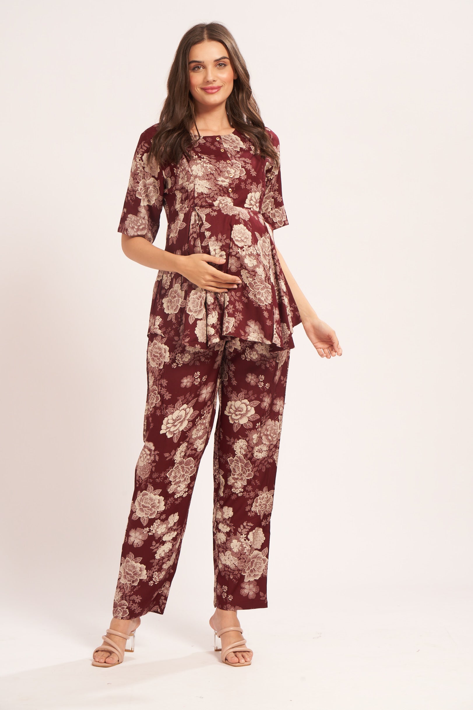 AV2 Women Rayon Printed Maternity Top & Pyjama Set Maroon Small - 4050B