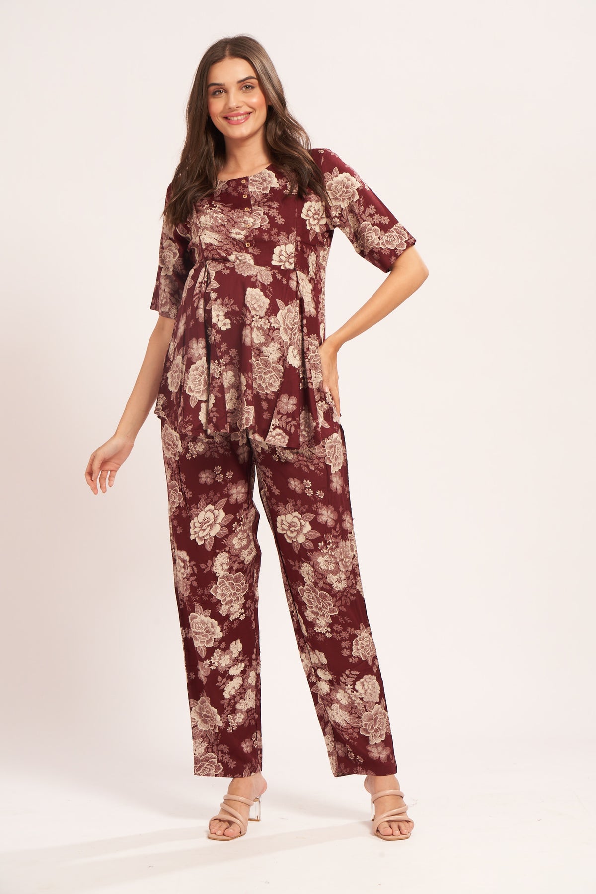 AV2 Women Rayon Printed Maternity Top & Pyjama Set Maroon Small - 4050B