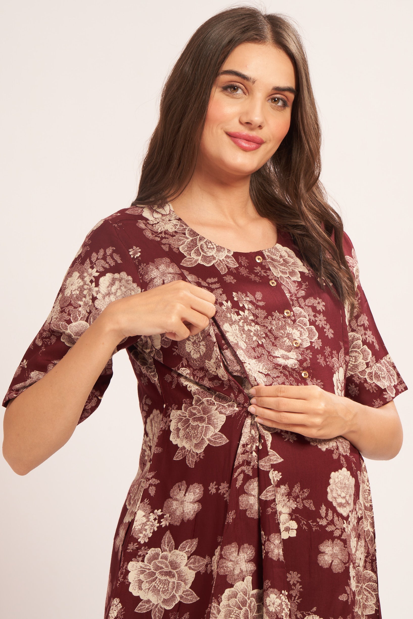 AV2 Women Rayon Printed Maternity Top & Pyjama Set Maroon Small - 4050B