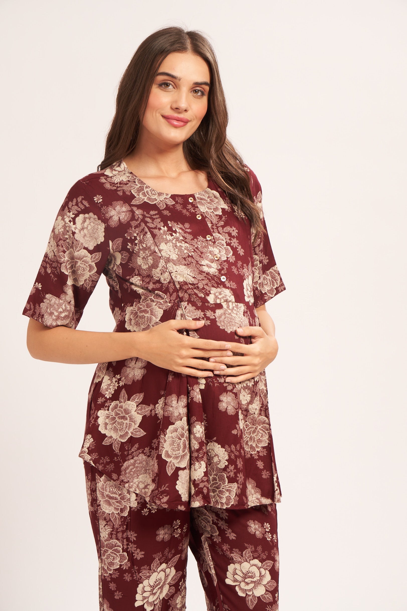 AV2 Women Rayon Printed Maternity Top & Pyjama Set Maroon Small - 4050B