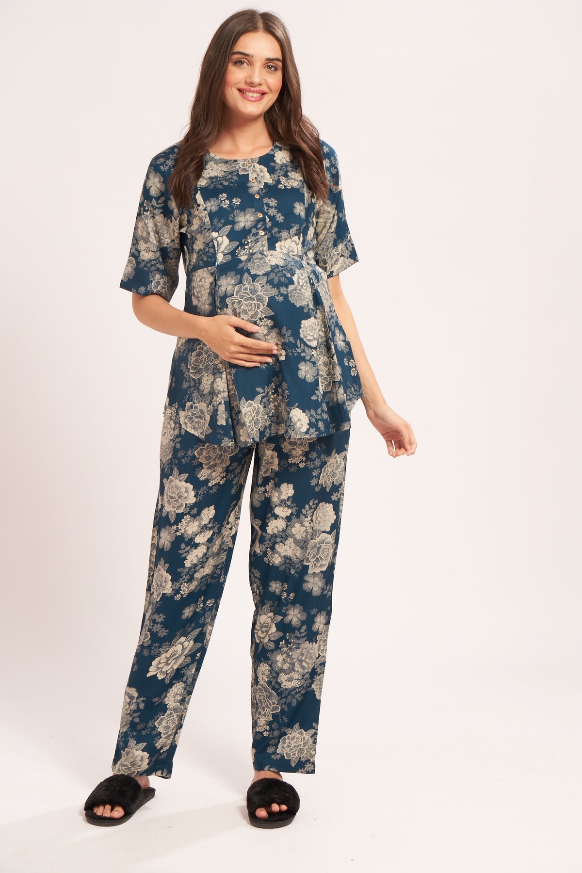 AV2 Women Rayon Printed Maternity Top & Pyjama Set Blue Small - 4050C