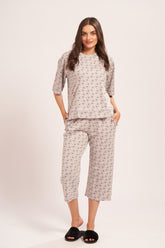AV2 Women's Cotton Printed Round Neck Short Sleeve Night Suit Set of Culottes Capri Pant | Capri Set | Casual Night Dress for Women Grey Small - 4051A