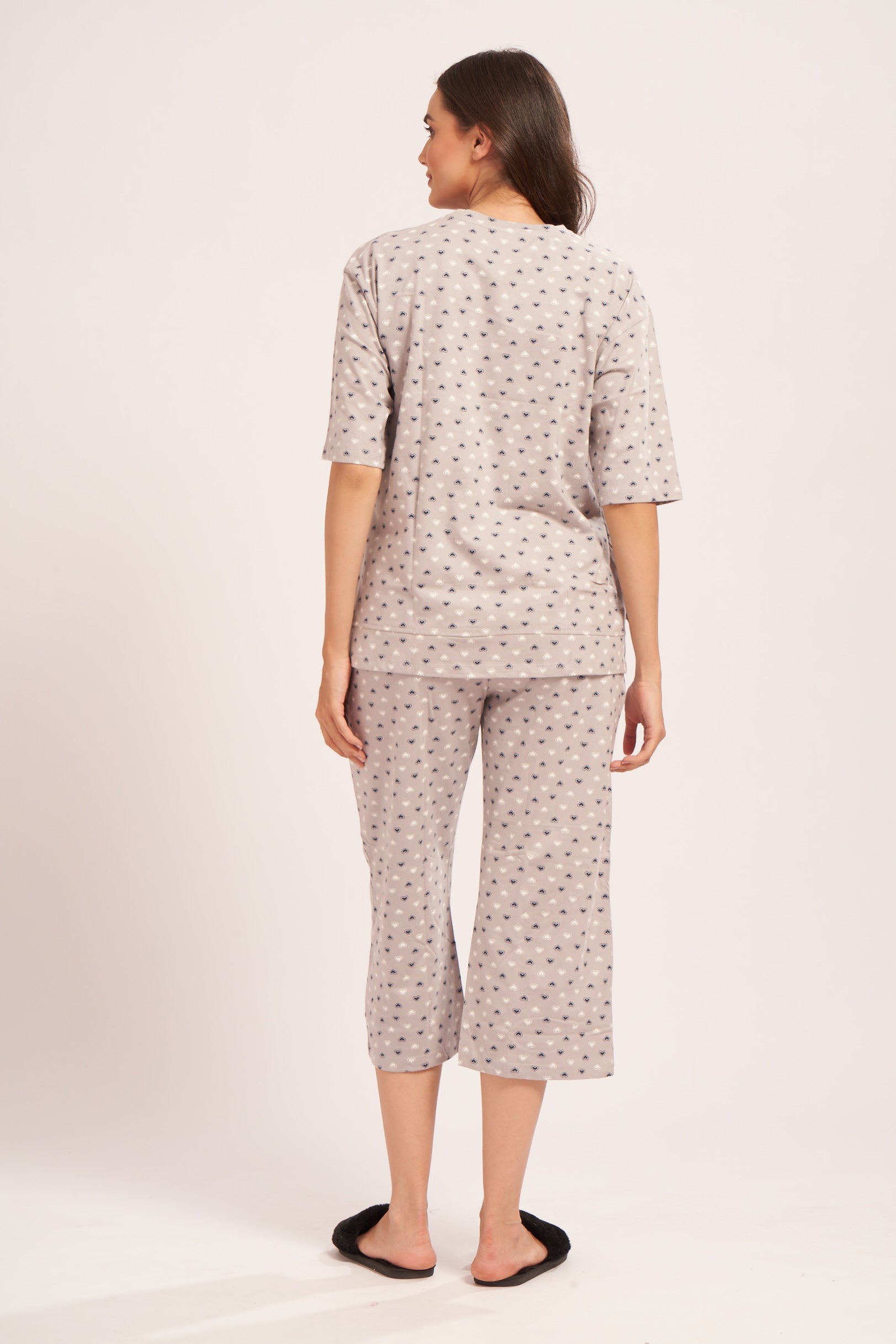 AV2 Women's Cotton Printed Round Neck Short Sleeve Night Suit Set of Culottes Capri Pant | Capri Set | Casual Night Dress for Women Grey Small - 4051A