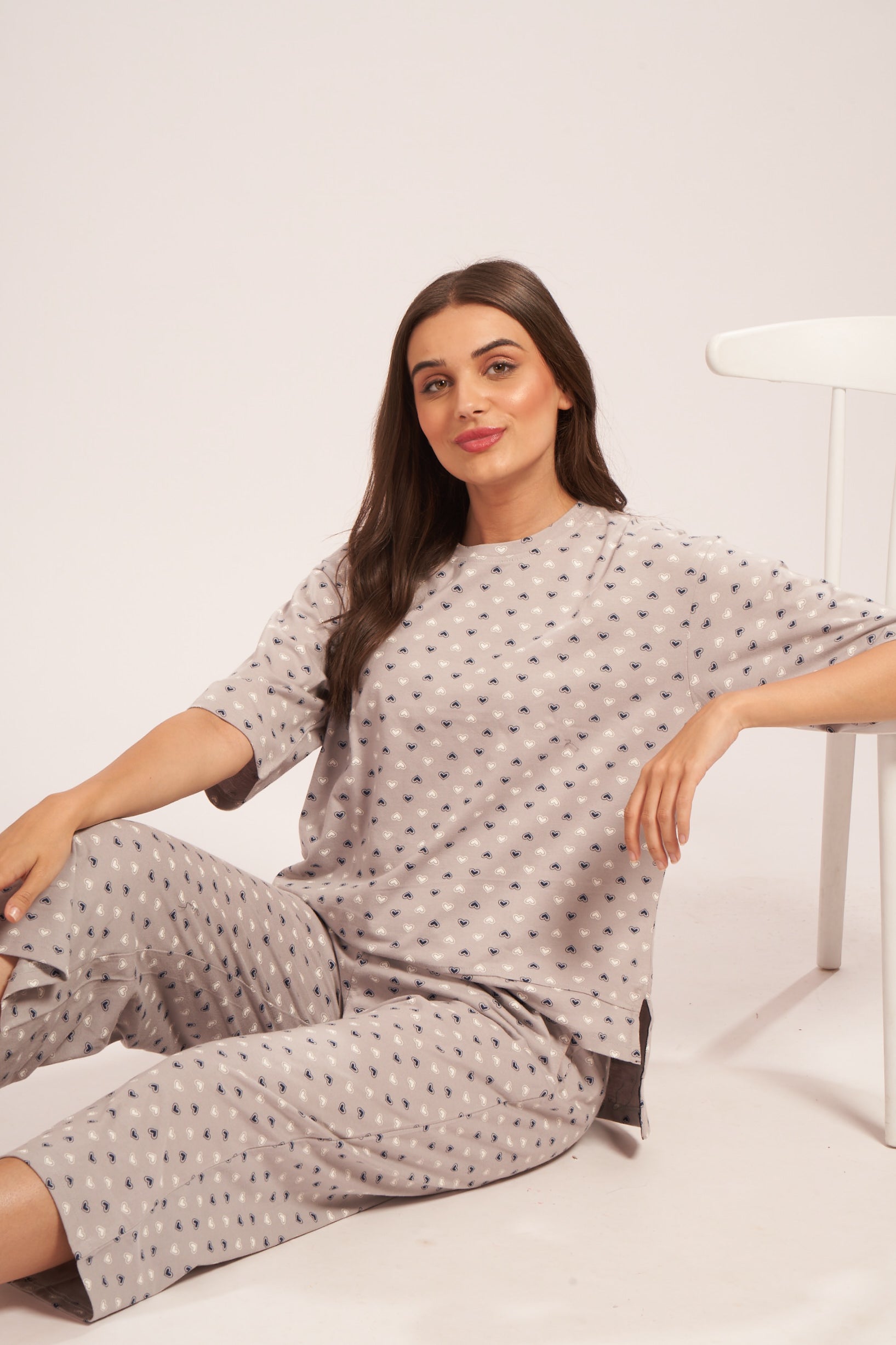AV2 Women's Cotton Printed Round Neck Short Sleeve Night Suit Set of Culottes Capri Pant | Capri Set | Casual Night Dress for Women Grey Small - 4051A